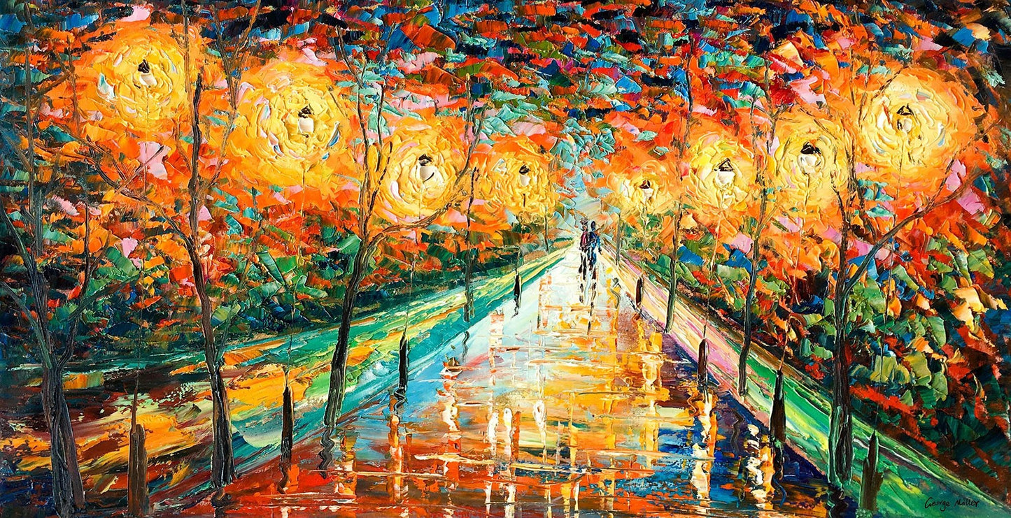 Landscape Oil Painting Street At Night, Canvas Painting, Landscape Art, Extra Large Wall Art, Handmade, Modern Wall Art, Texture Painting