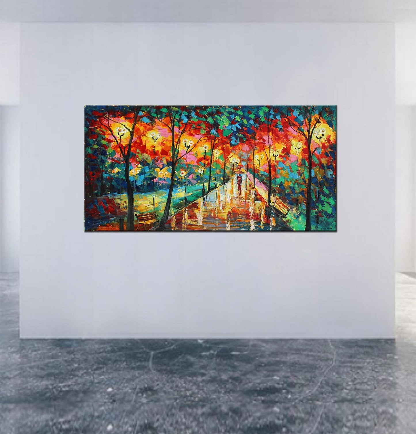 Oil Painting Landscape Avenue At Night, Canvas Painting, Wall Art Painting, Abstract Landscape, Extra Large Wall Art, Palette Knife Art