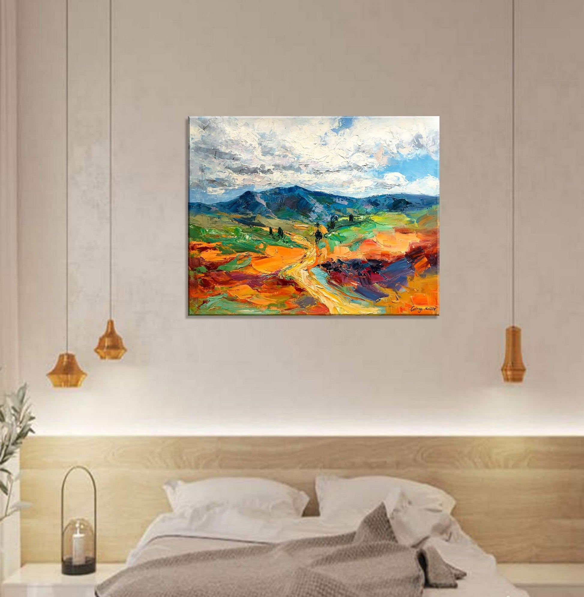Abstract Painting Landscape with Mountains, Oil Painting, Abstract Canvas Art, Wall Decor, Abstract Wall Art, Bedroom Decor