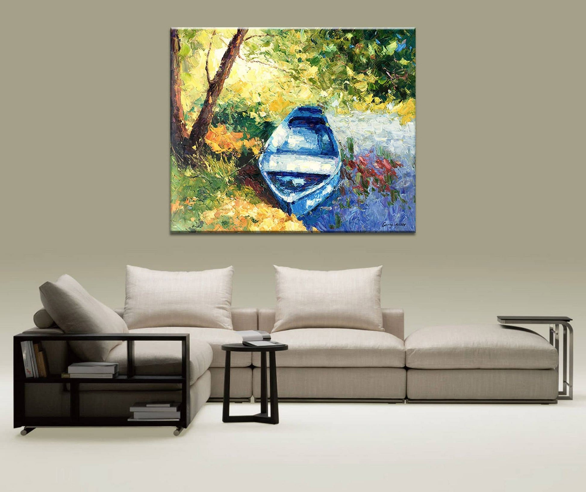 Original Landscape Oil Painting Fishing Boat Spring, Contemporary Painting, Oil Painting Original, Oil Painting Abstract, Art, Large Art