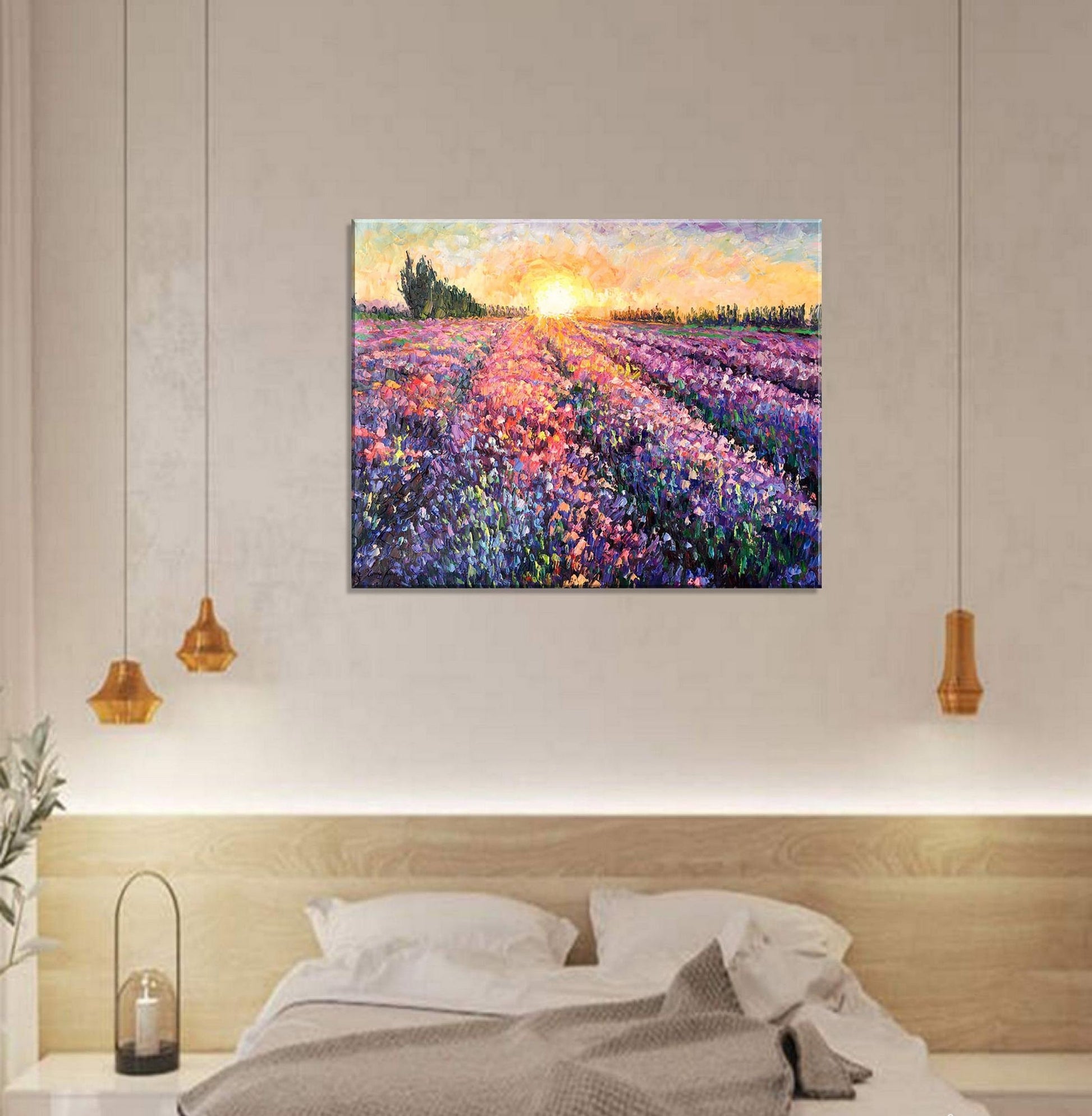 Oil Painting Tuscany Lavender Fields Sunrise, Living Room Decor, Large Abstract Art, Canvas Art, Contemporary Painting Large Canvas Wall Art