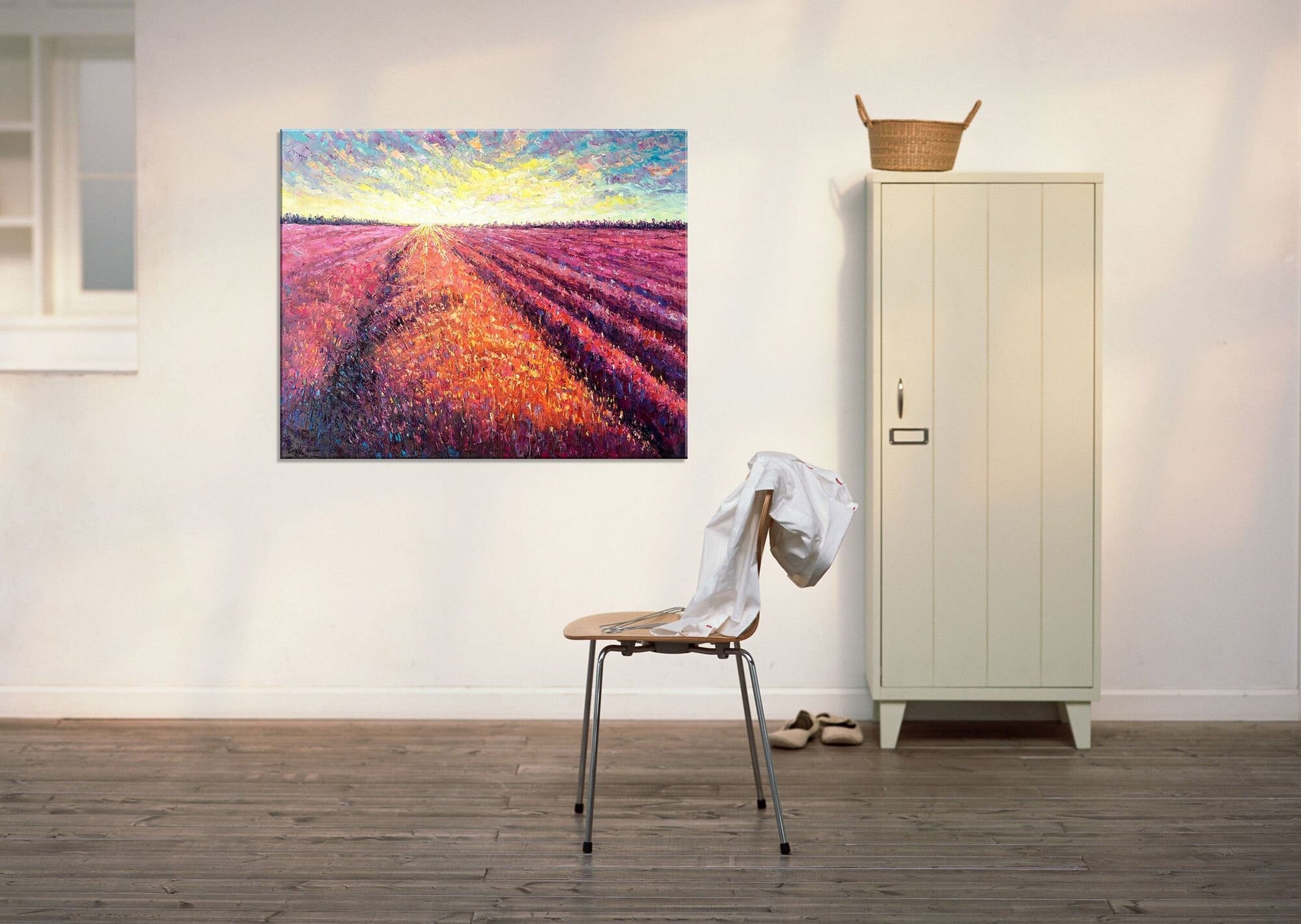 Landscape Oil Painting French Provence Lavender Fields at Dawn, Living Room Decor, Abstract Oil Painting, Abstract Canvas Art, Wall Decor