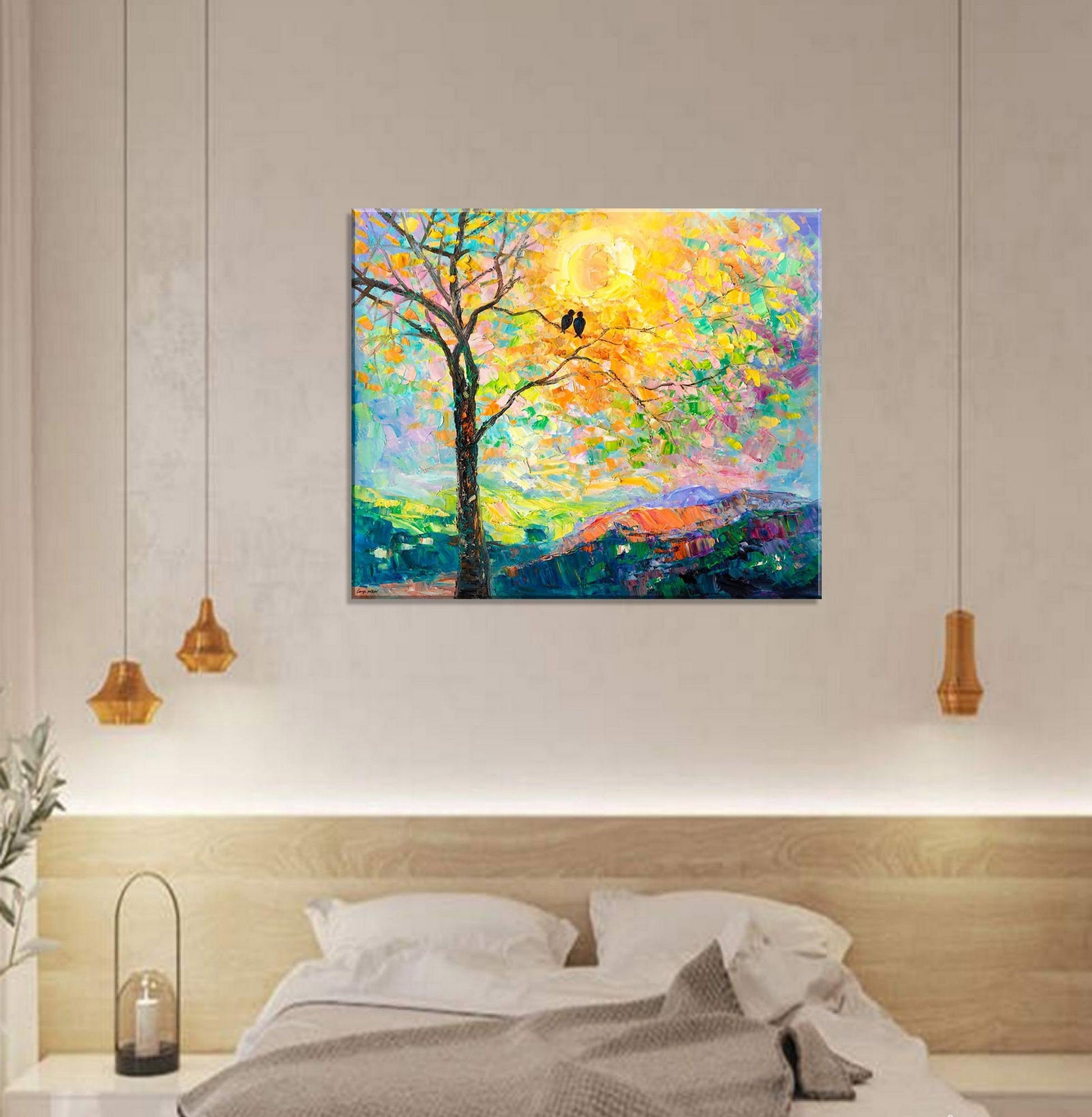 Large Oil Painting, Tree Wall Art Loved Birds, Flower Art, Contemporary Painting, Original Painting, Wedding Gift, Abstract Oil Painting