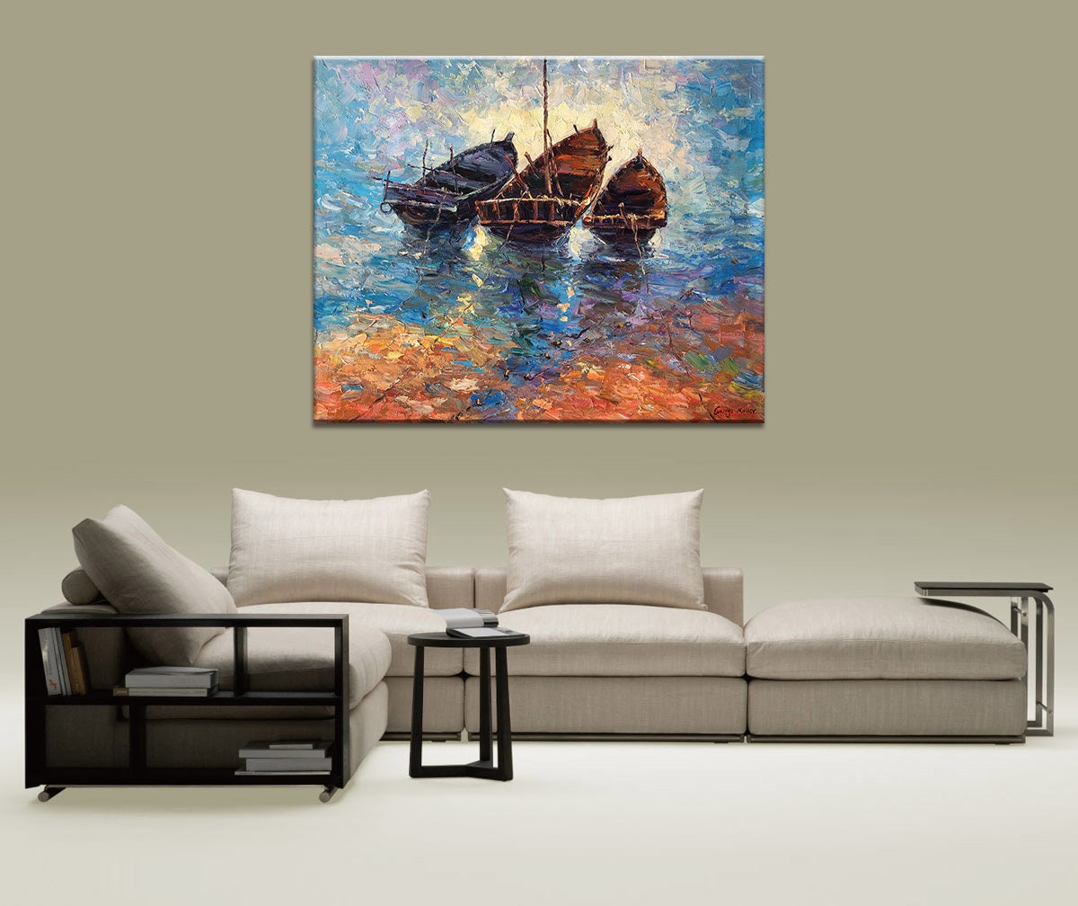 Oil Painting Abstract, Seascape Painting, Canvas Art, Abstract Wall Art, Original Abstract Art, Large Canvas Art, Fishing Boats Painting