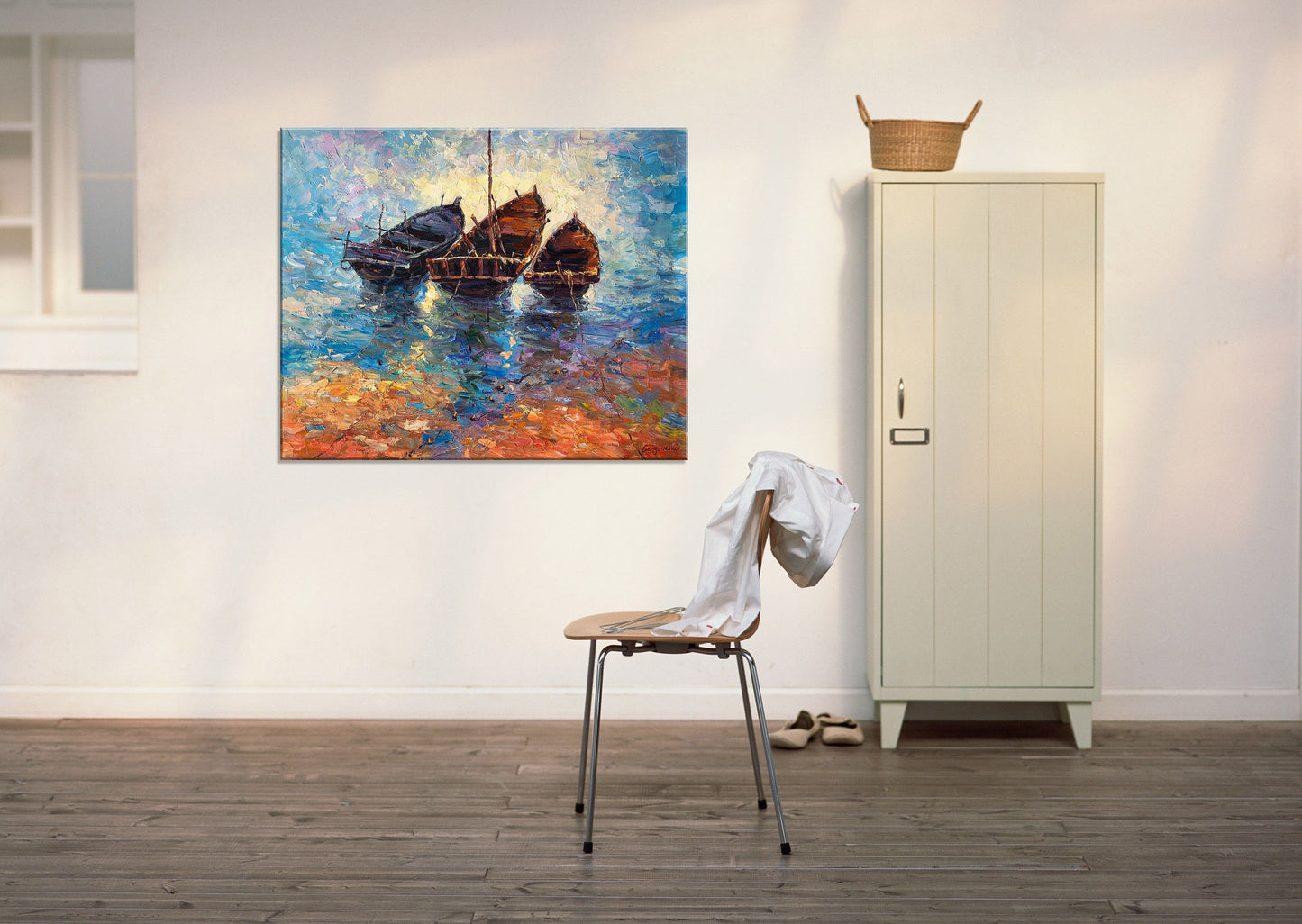 Oil Painting Abstract, Seascape Painting, Canvas Art, Abstract Wall Art, Original Abstract Art, Large Canvas Art, Fishing Boats Painting