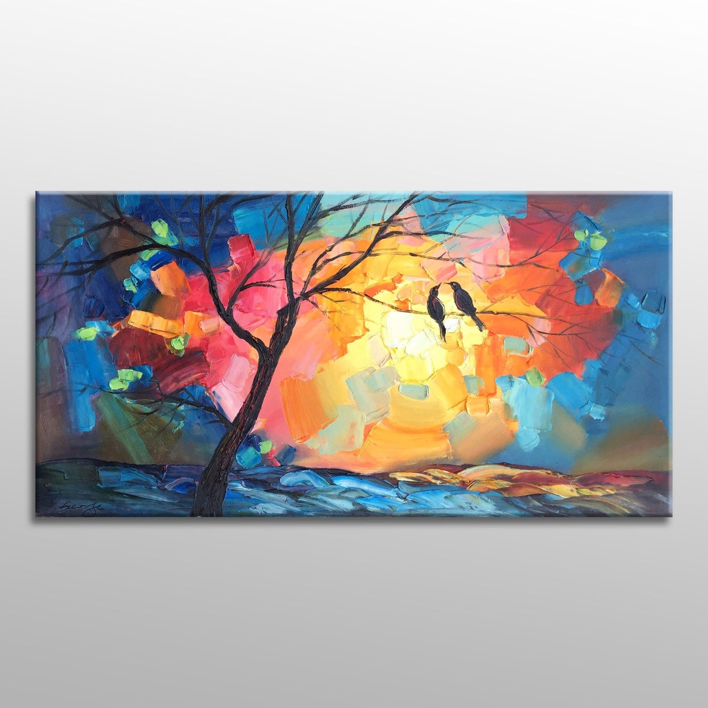 Abstract Art, Canvas Wall Art, Large Landscape Painting, Love Birds Wedding Gift, Original Abstract Painting, Abstract Canvas Painting