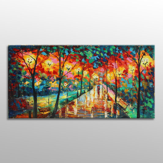 Oil Painting Landscape Avenue At Night, Canvas Painting, Wall Art Painting, Abstract Landscape, Extra Large Wall Art, Palette Knife Art