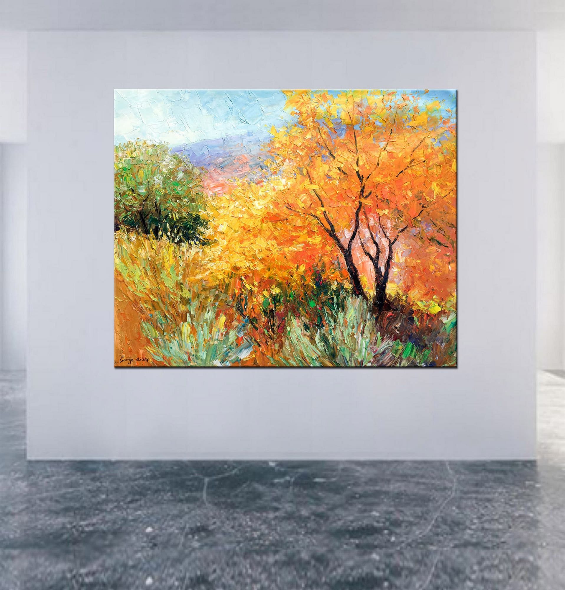 Original top framed Art acrylic painting Impressionistic Autumn Trees