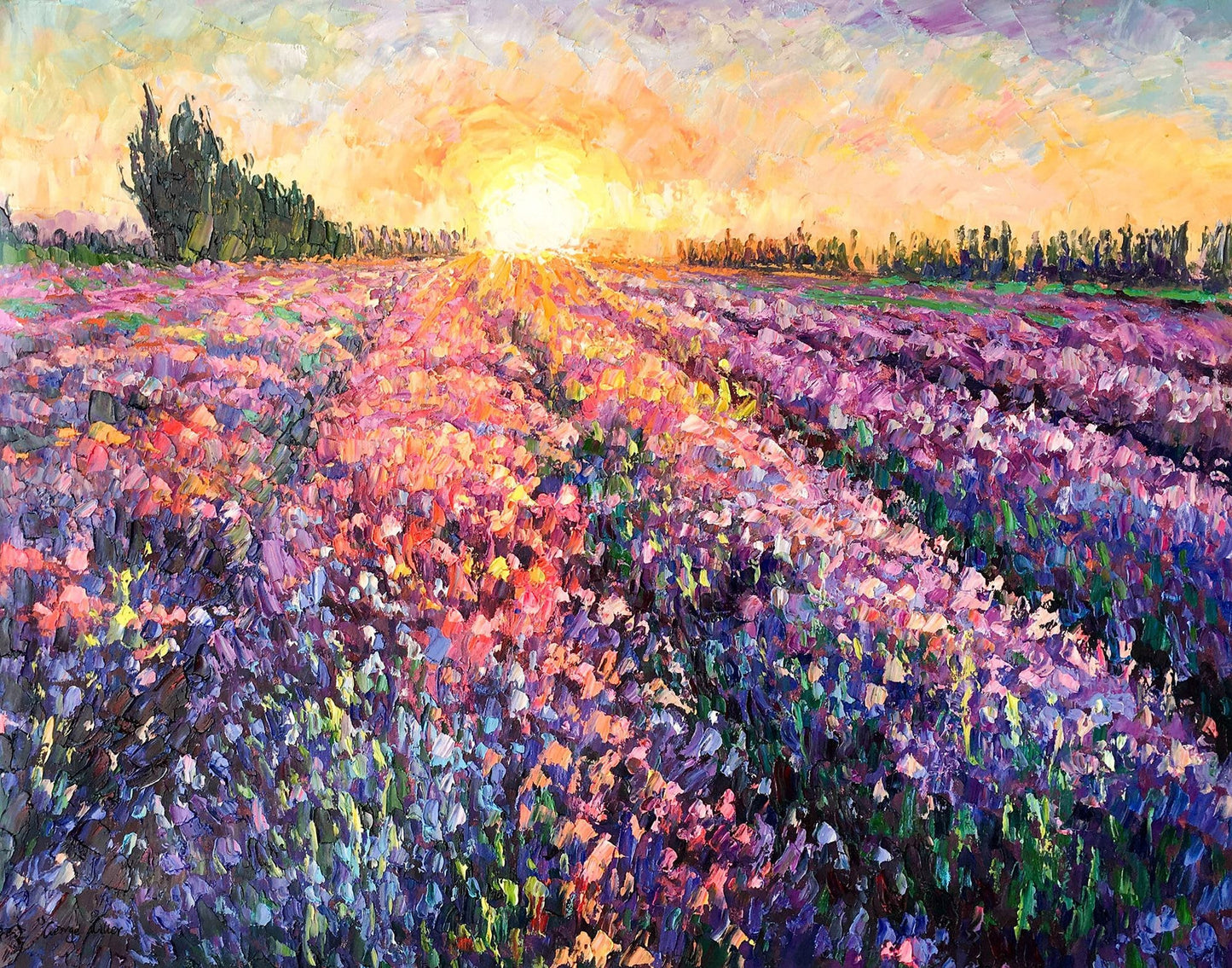 Oil Painting Tuscany Lavender Fields Sunrise, Living Room Decor, Large Abstract Art, Canvas Art, Contemporary Painting Large Canvas Wall Art