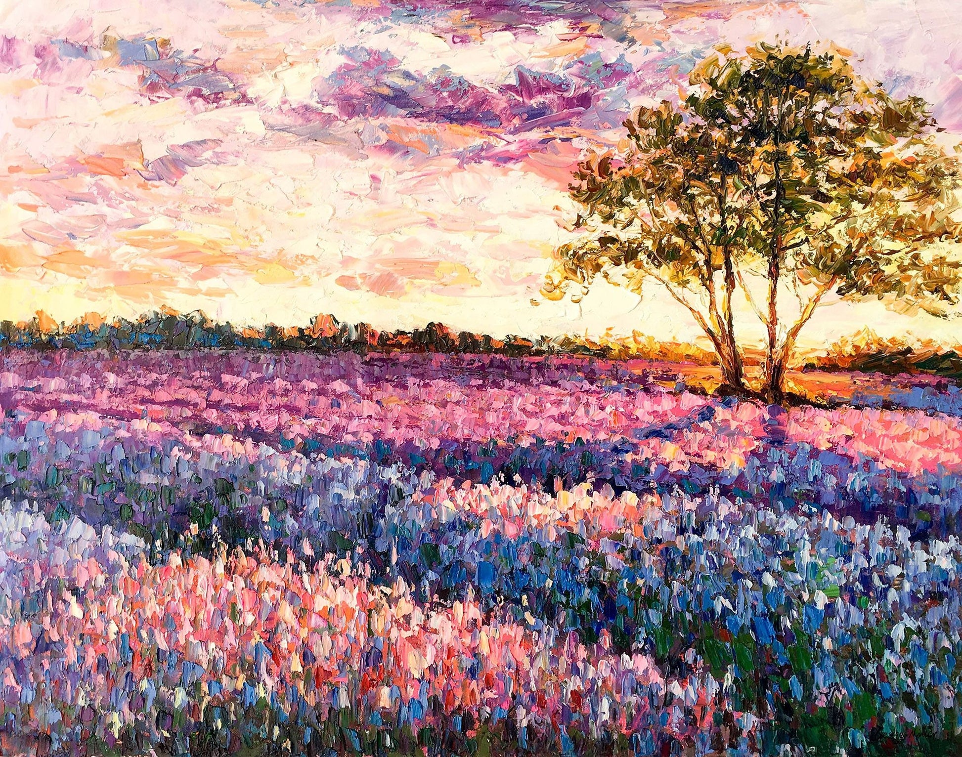 Landscape Oil Paintings Italian Tuscany Lavender Fields at Dawn, Modern Painting, Family Wall Decor, Canvas Painting, Painting Abstract