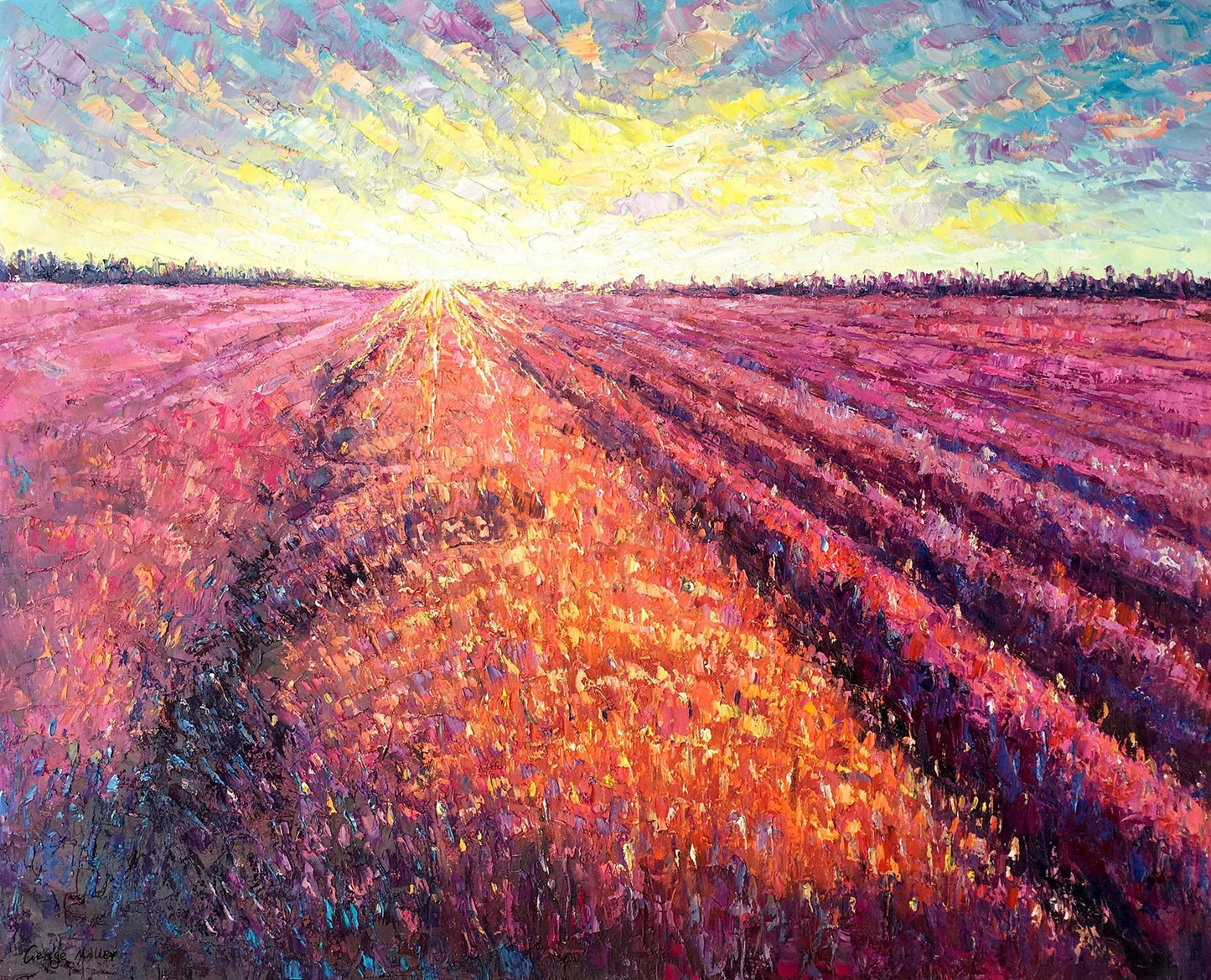 Landscape Oil Painting French Provence Lavender Fields at Dawn, Living Room Decor, Abstract Oil Painting, Abstract Canvas Art, Wall Decor