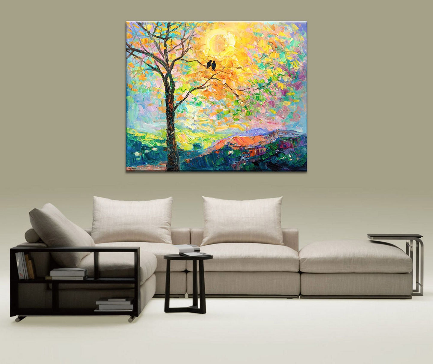 Large Oil Painting, Tree Wall Art Loved Birds, Flower Art, Contemporary Painting, Original Painting, Wedding Gift, Abstract Oil Painting