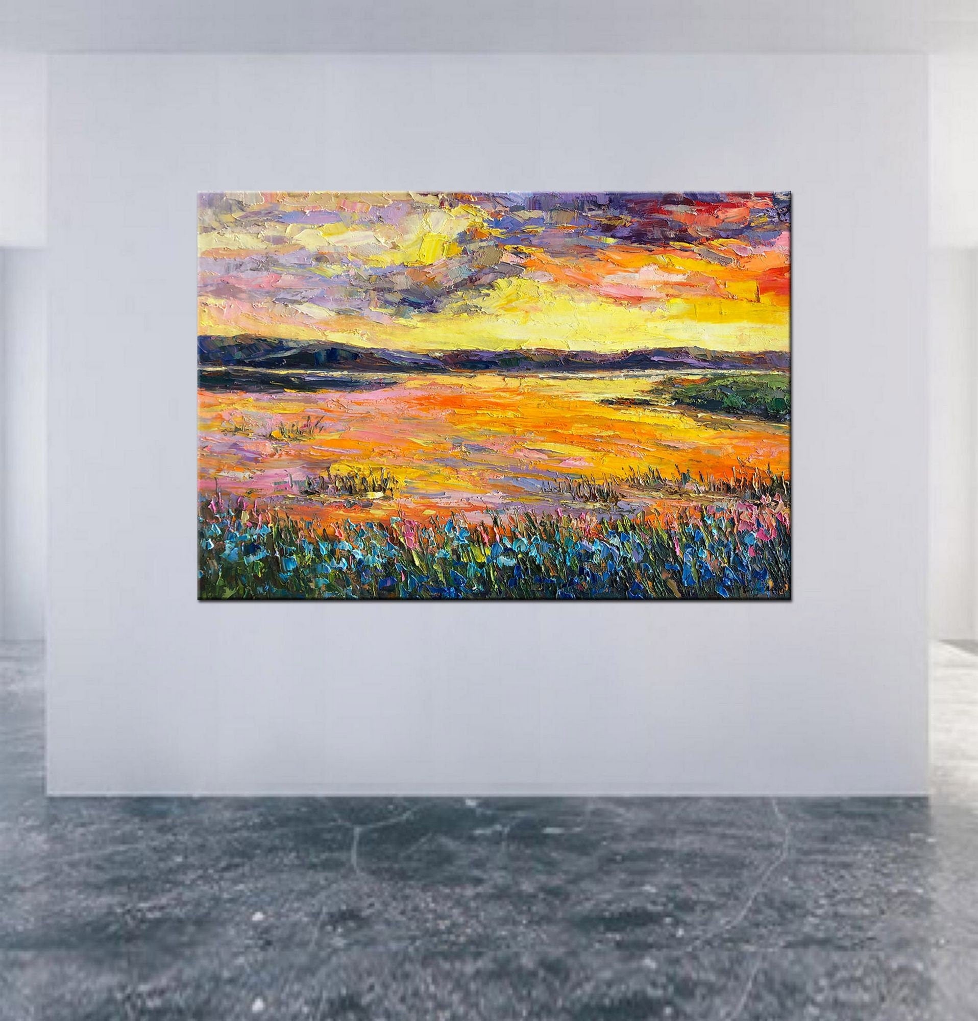 Bring the beauty of nature inside with an original Oil Painting Sunset by The River, 32x48 inches ready to hang, perfect for wall art decor