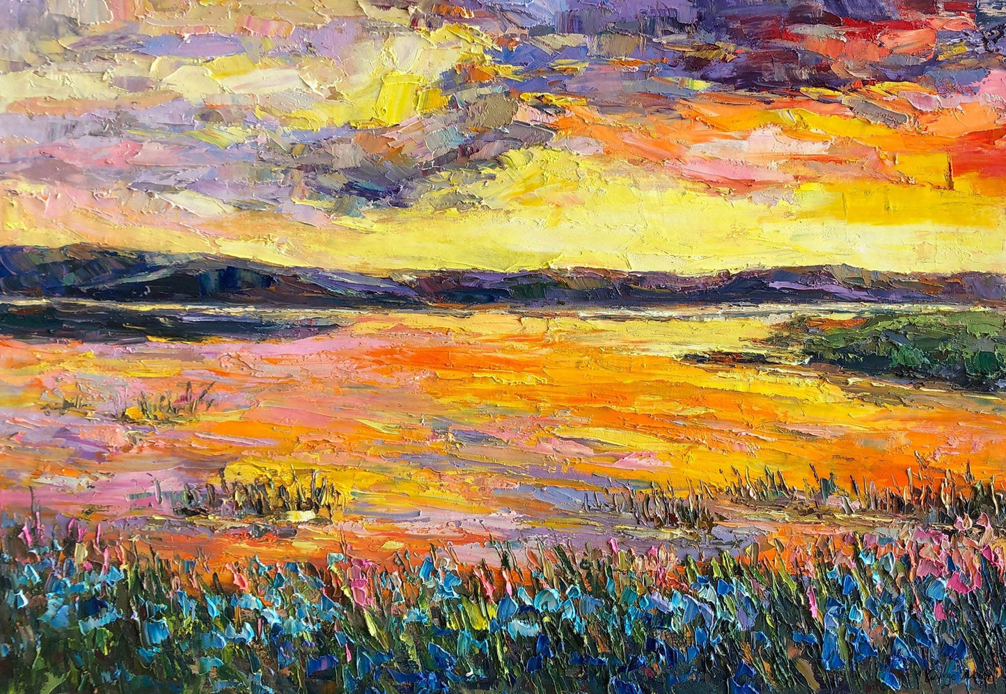 Bring the beauty of nature inside with an original Oil Painting Sunset by The River, 32x48 inches ready to hang, perfect for wall art decor