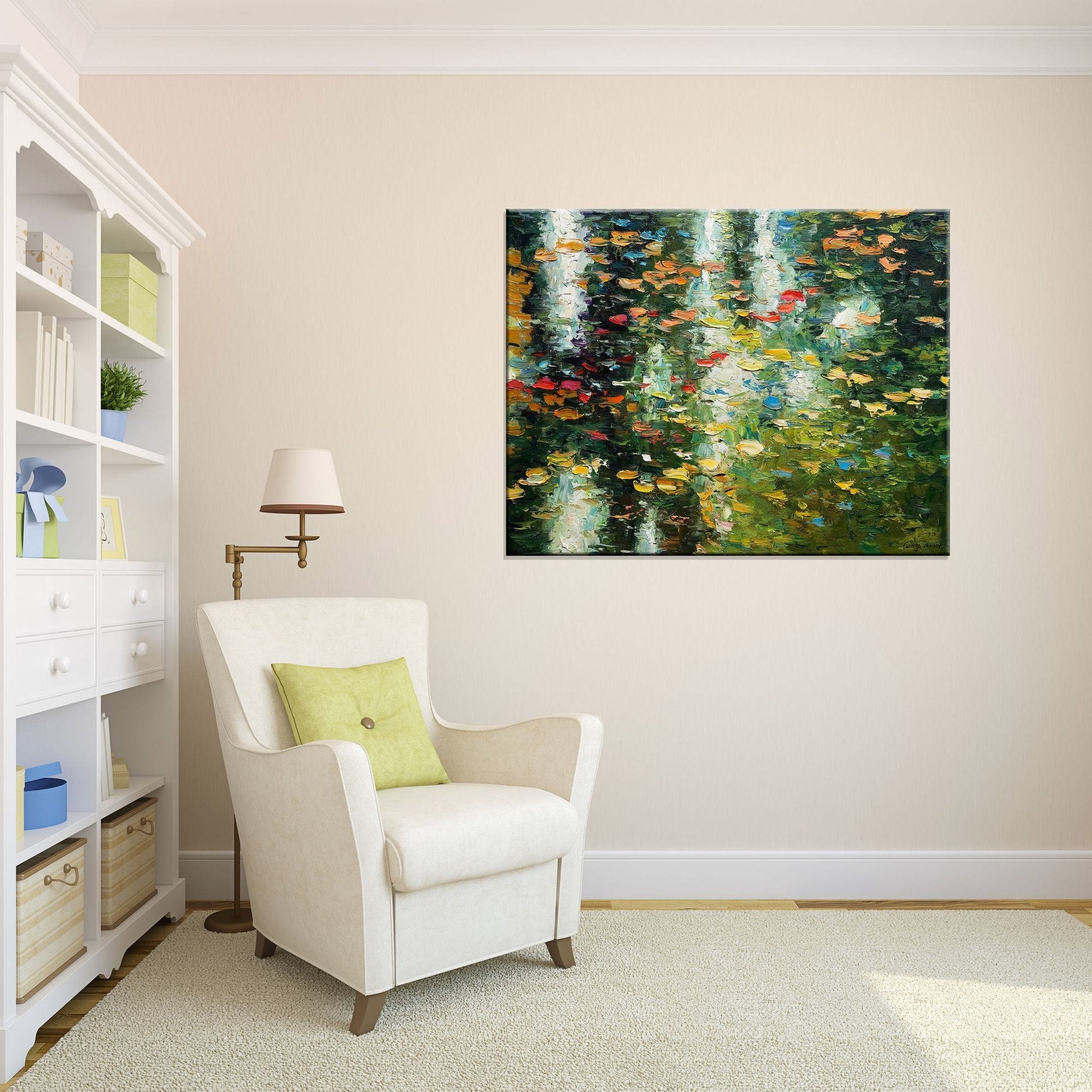 Pond with Waterlilies, Palette Knife Painting, Oil Painting, Large Canvas Art, Wall Decor, Abstract Painting, Large Landscape Painting