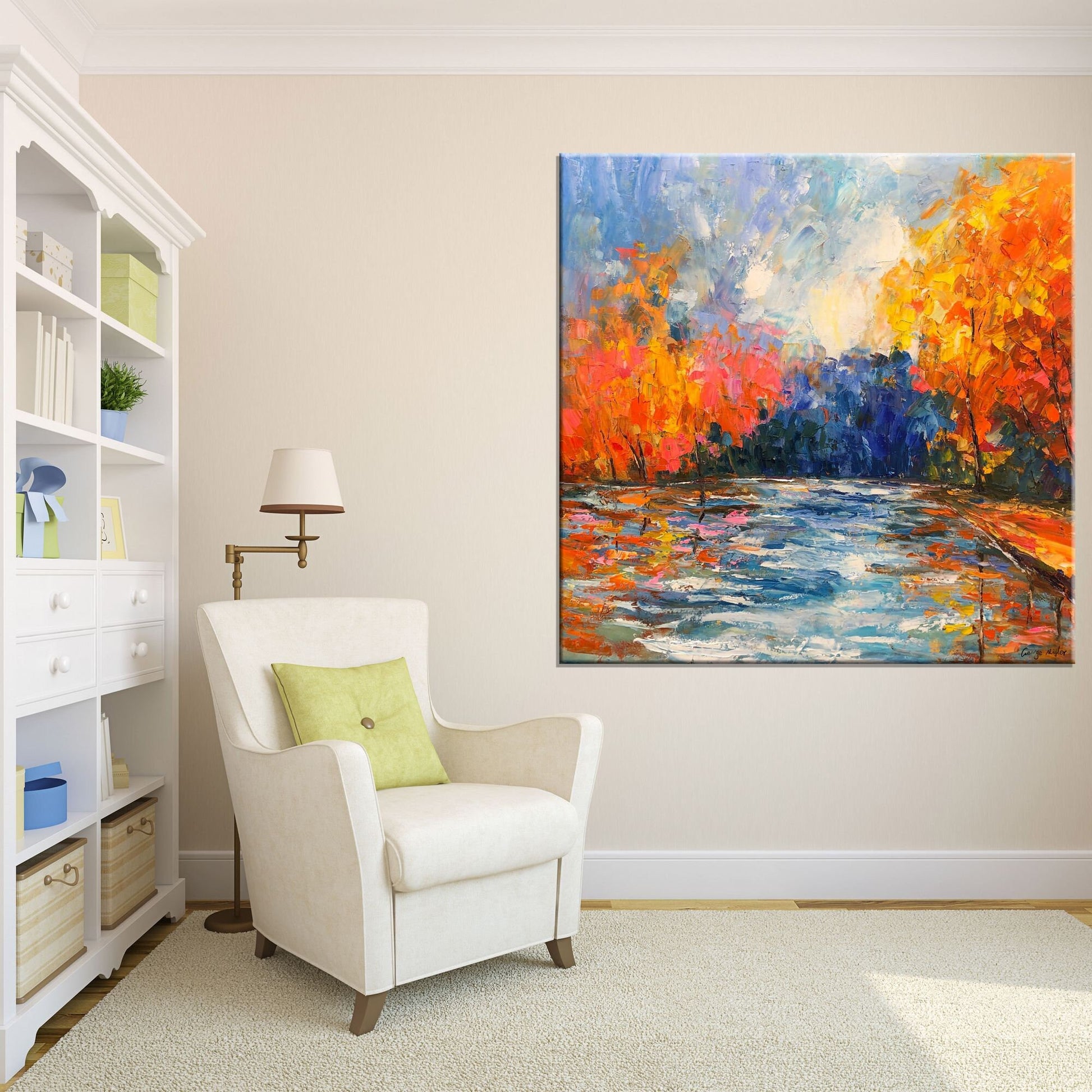 Landscape Oil Painting Autumn Trees By The Pond, Canvas Art, Oil On Canvas Painting, Abstract Landscape, Extra Large Wall Art, Contemporary
