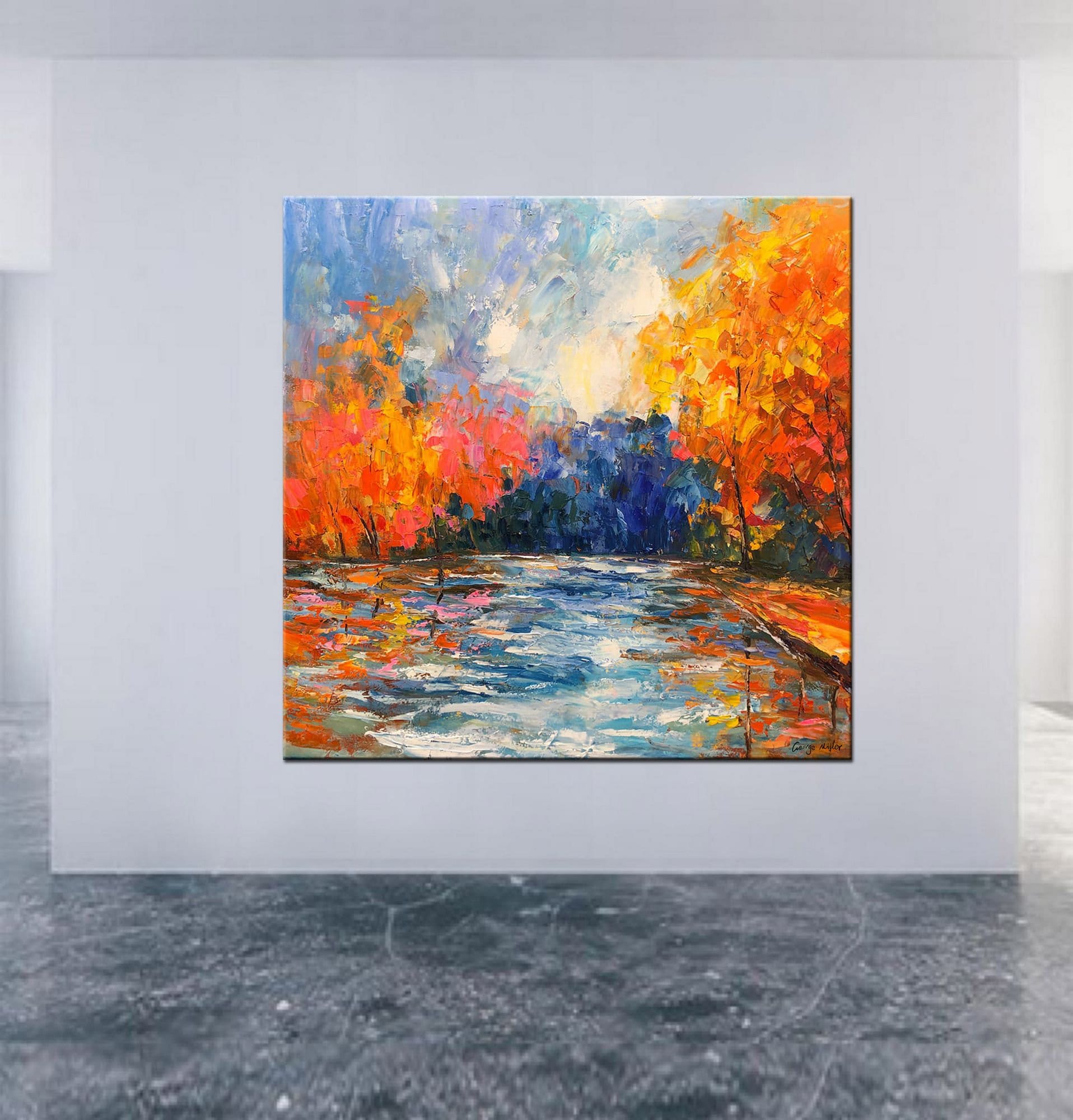 Landscape Oil Painting Autumn Trees By The Pond, Canvas Art, Oil On Canvas Painting, Abstract Landscape, Extra Large Wall Art, Contemporary