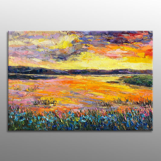 Bring the beauty of nature inside with an original Oil Painting Sunset by The River, 32x48 inches ready to hang, perfect for wall art decor