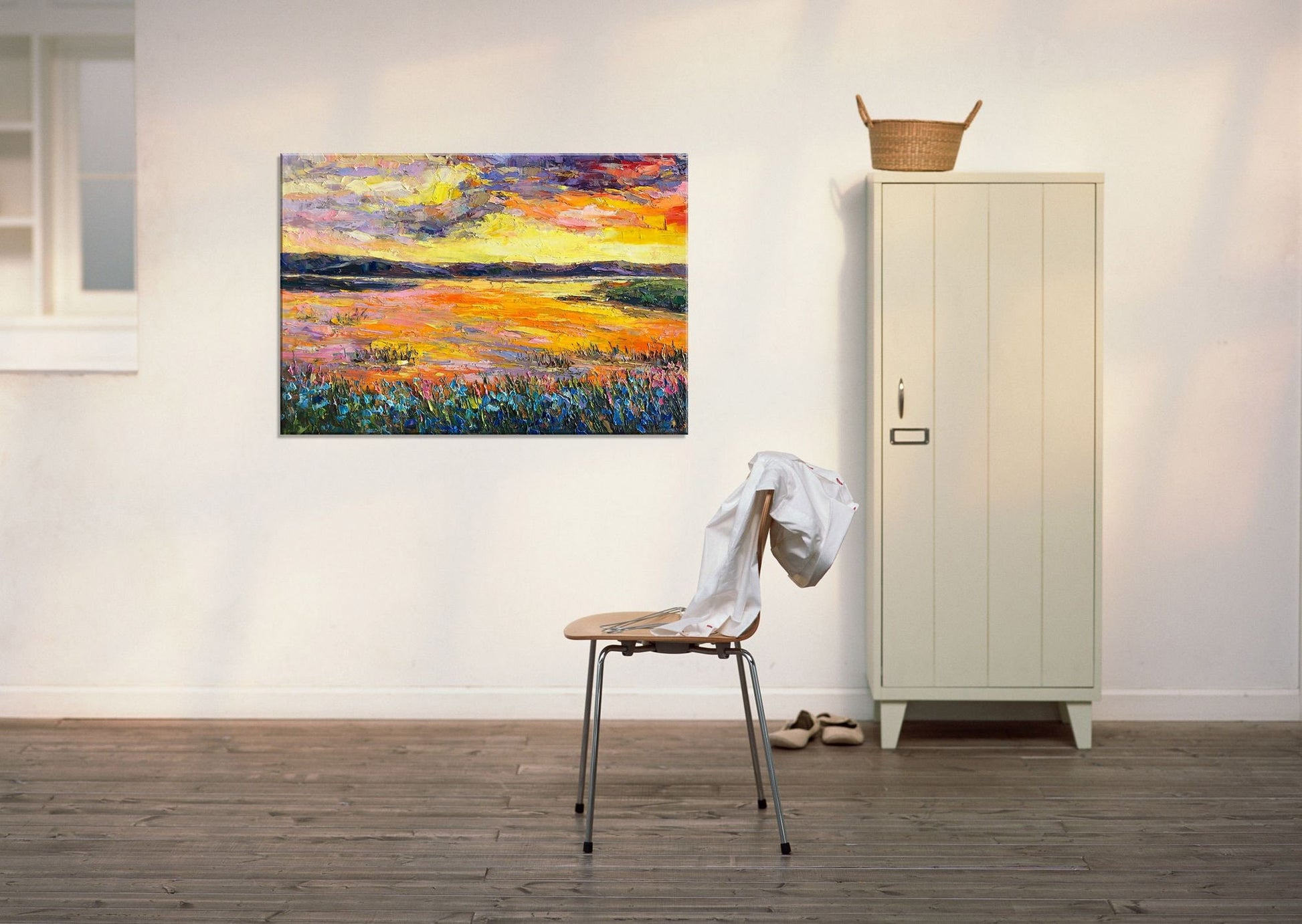 Bring the beauty of nature inside with an original Oil Painting Sunset by The River, 32x48 inches ready to hang, perfect for wall art decor