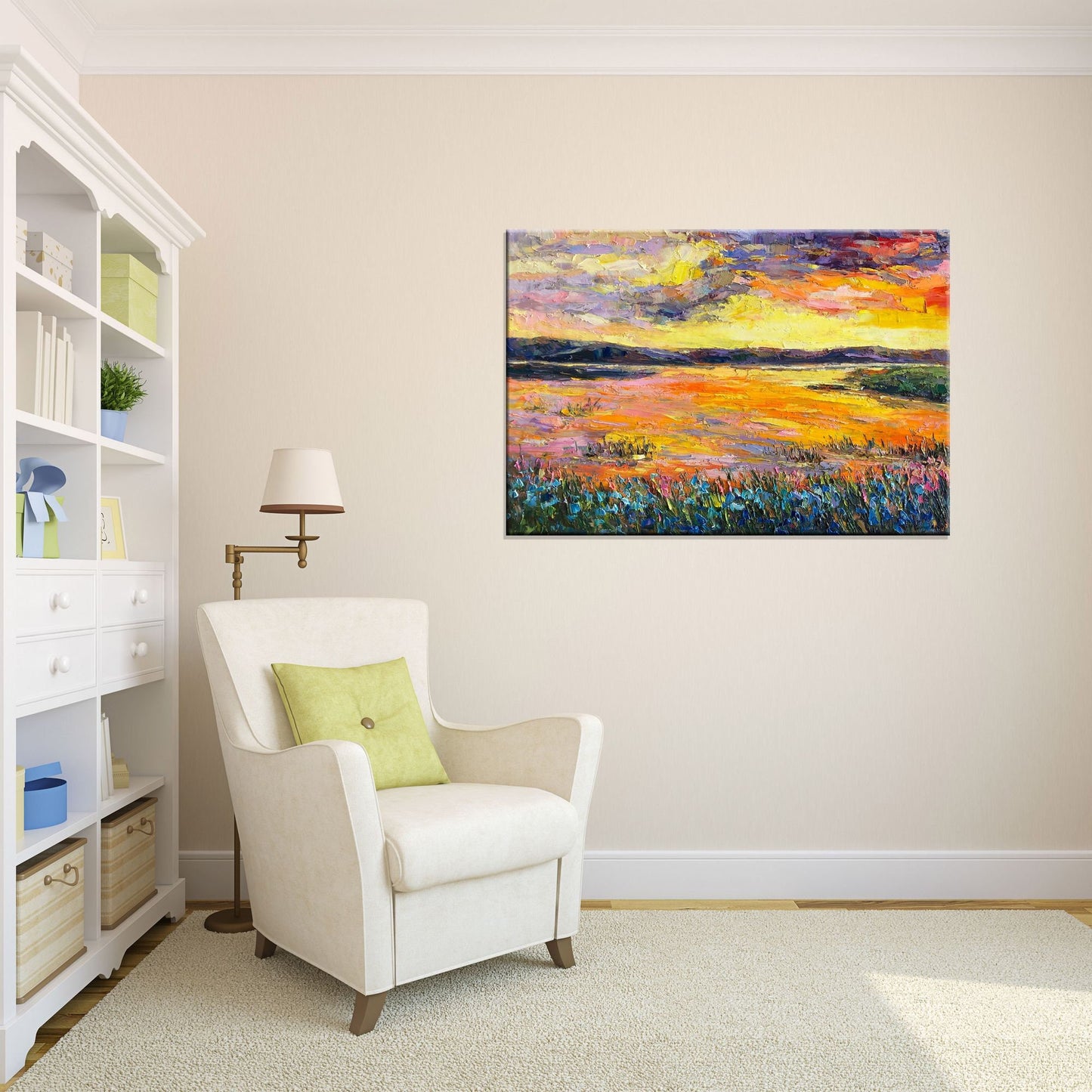 Bring the beauty of nature inside with an original Oil Painting Sunset by The River, 32x48 inches ready to hang, perfect for wall art decor