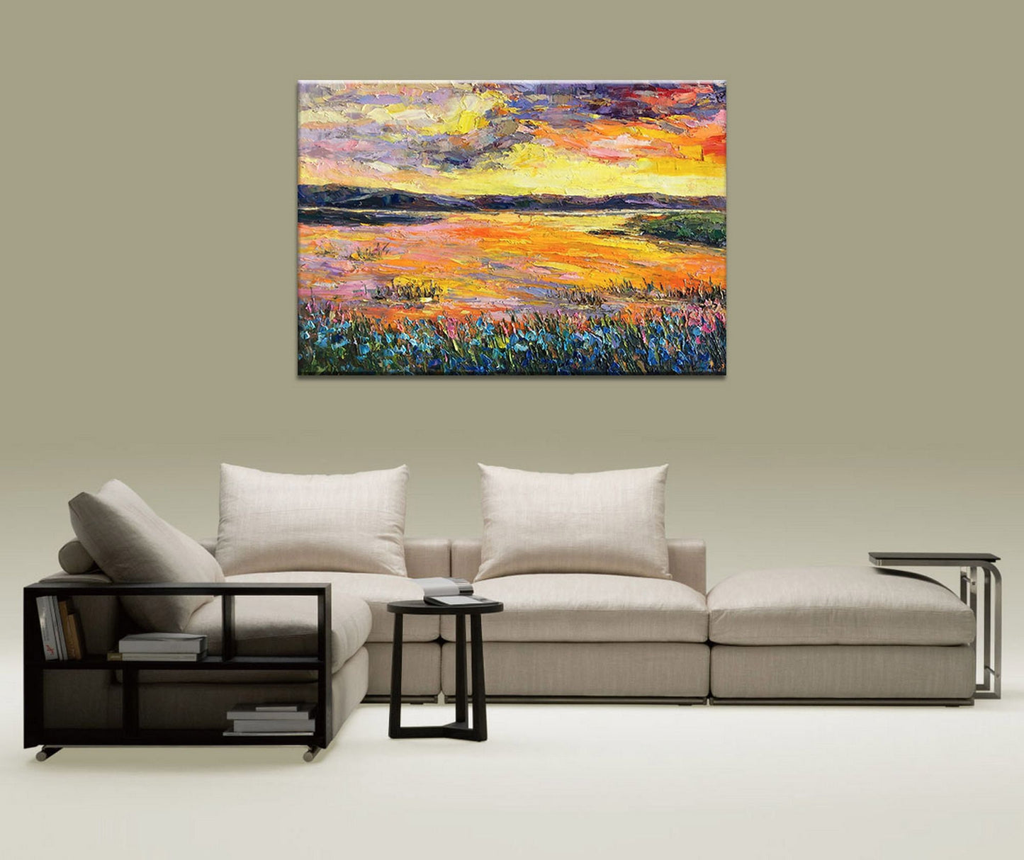 Bring the beauty of nature inside with an original Oil Painting Sunset by The River, 32x48 inches ready to hang, perfect for wall art decor