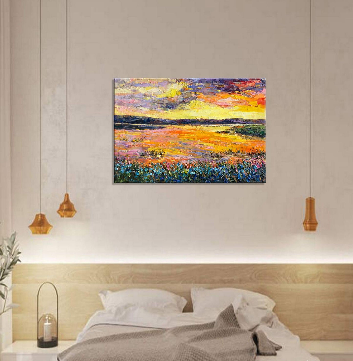 Bring the beauty of nature inside with an original Oil Painting Sunset by The River, 32x48 inches ready to hang, perfect for wall art decor