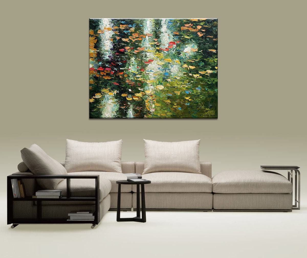 Pond with Waterlilies, Palette Knife Painting, Oil Painting, Large Canvas Art, Wall Decor, Abstract Painting, Large Landscape Painting