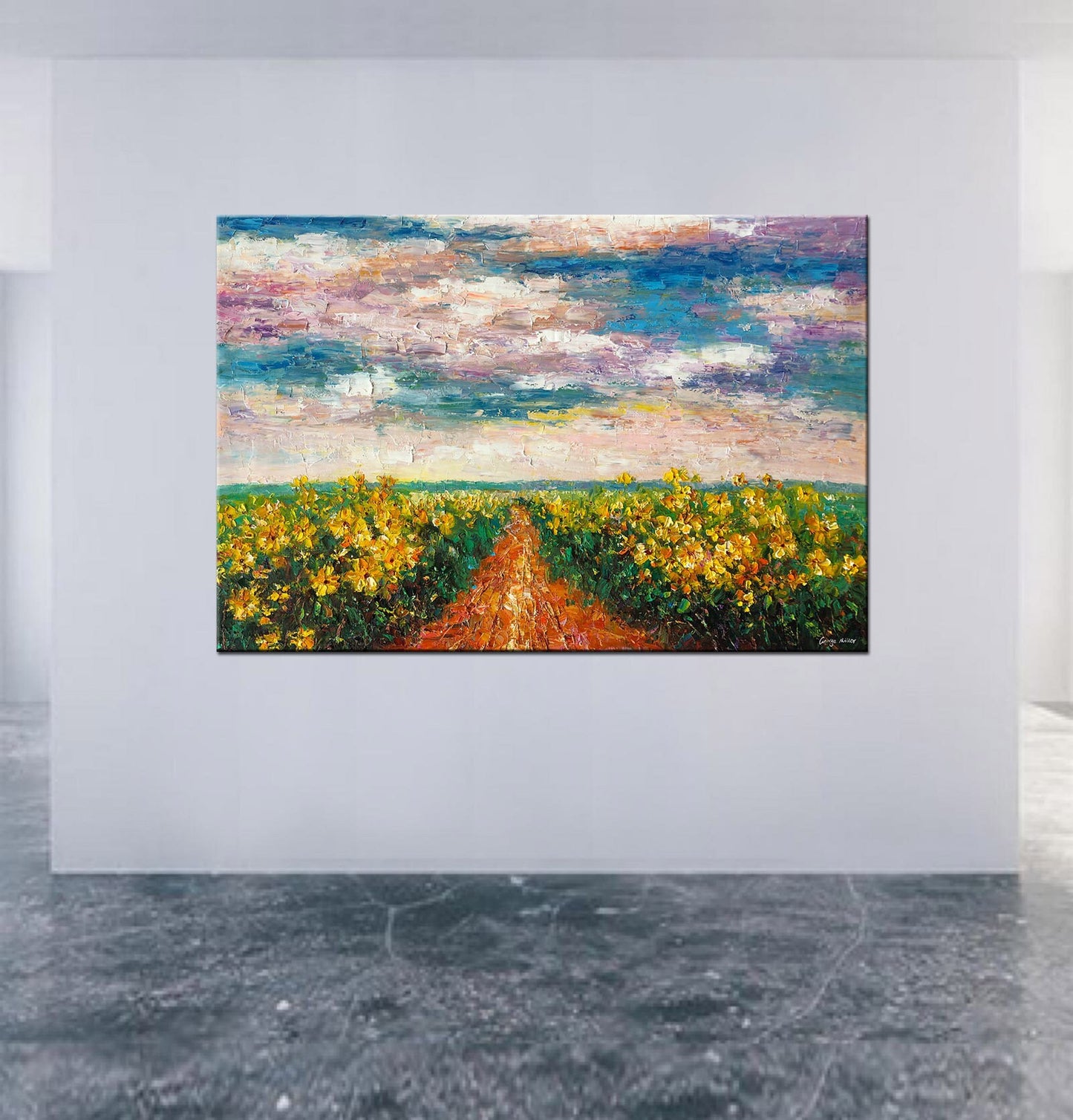 Large Oil Painting, Large Art, Sunflower Field French Landscape Painting, Palette Knife Art, Abstract Canvas Painting, Oil Painting Art