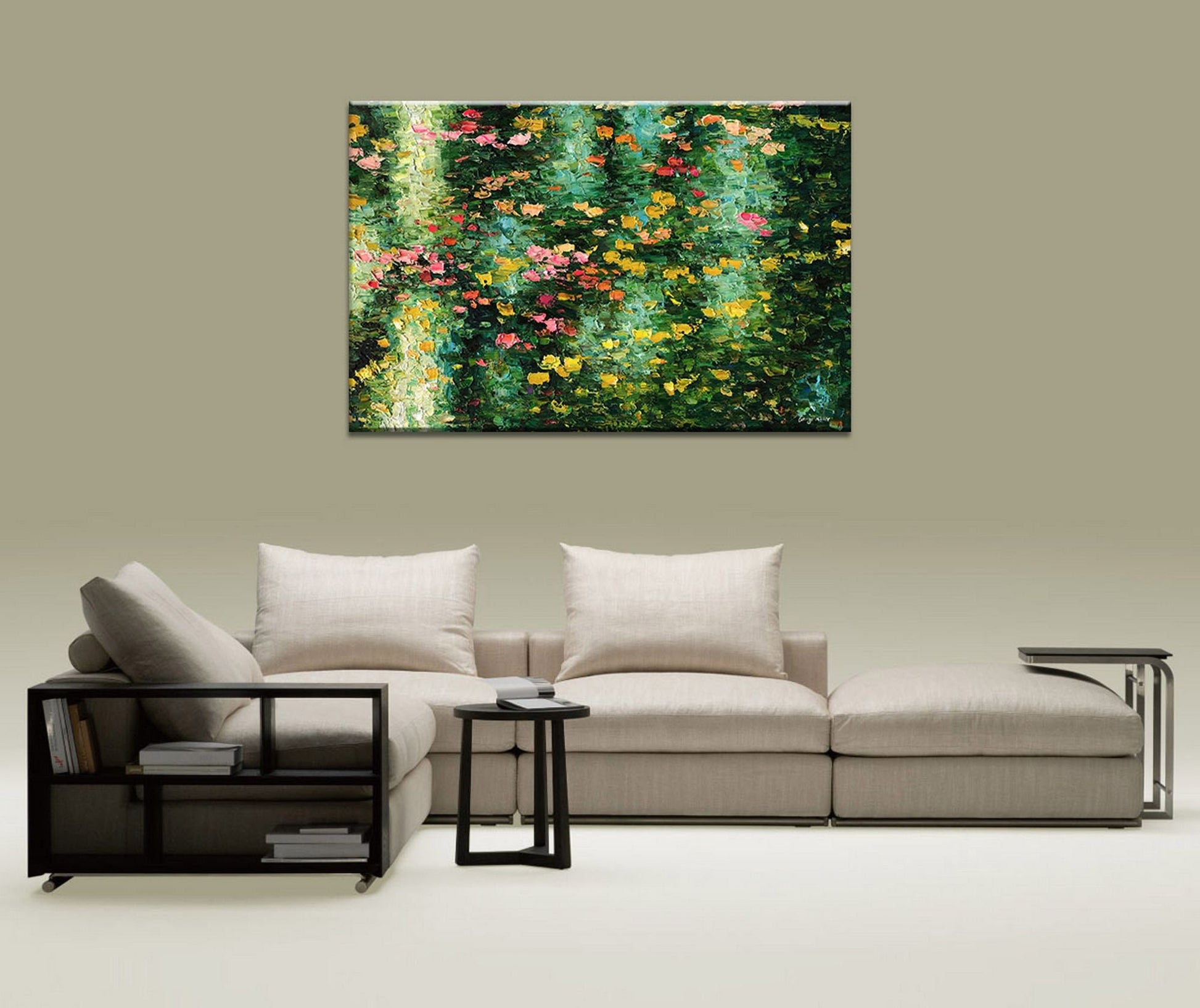 Waterlily Abstract Painting, Extra Large Wall Art Abstract, Abstract Canvas Art, Green and Red Abstract Art, Nature Oil Painting