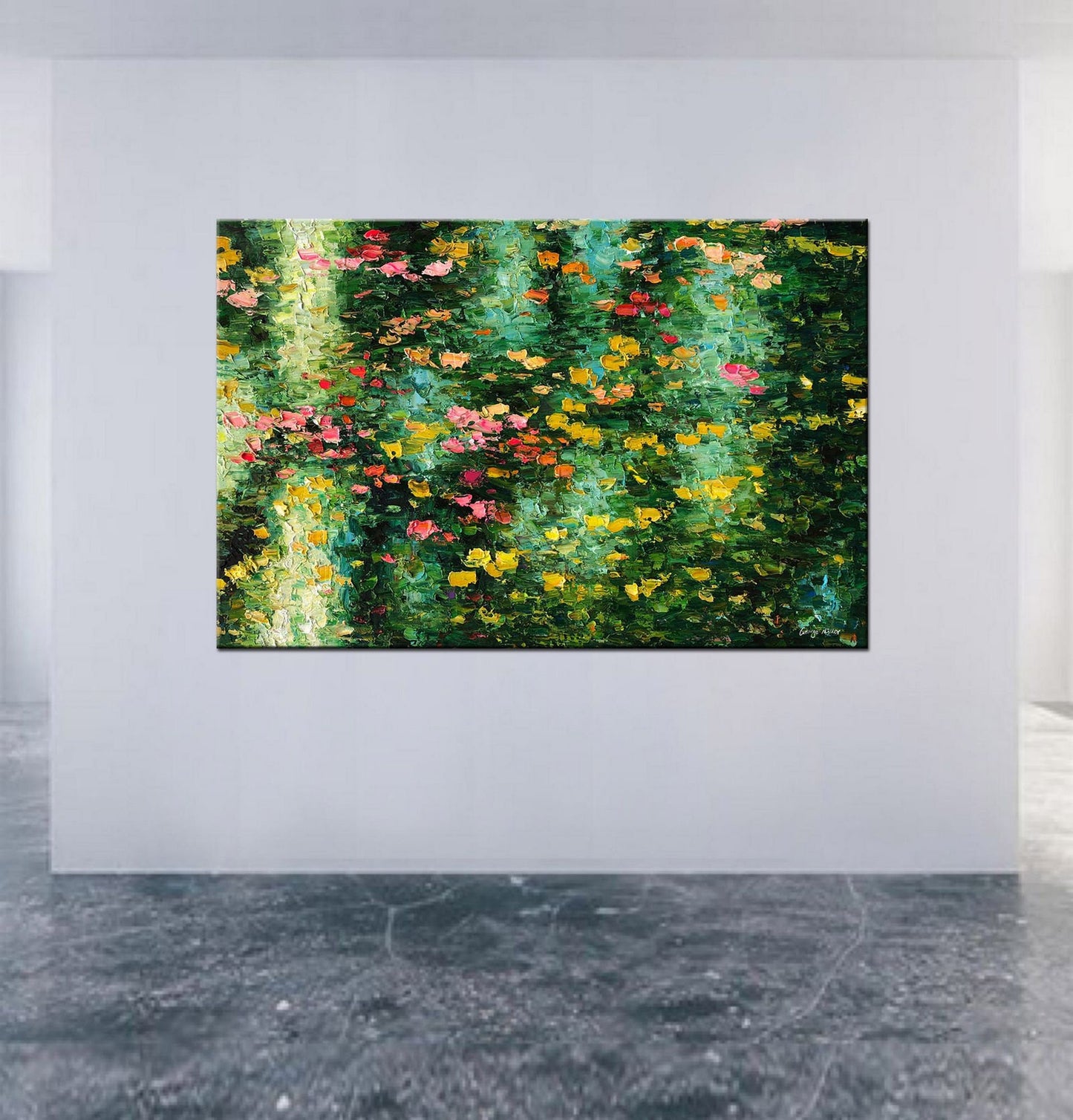 Waterlily Abstract Painting, Extra Large Wall Art Abstract, Abstract Canvas Art, Green and Red Abstract Art, Nature Oil Painting