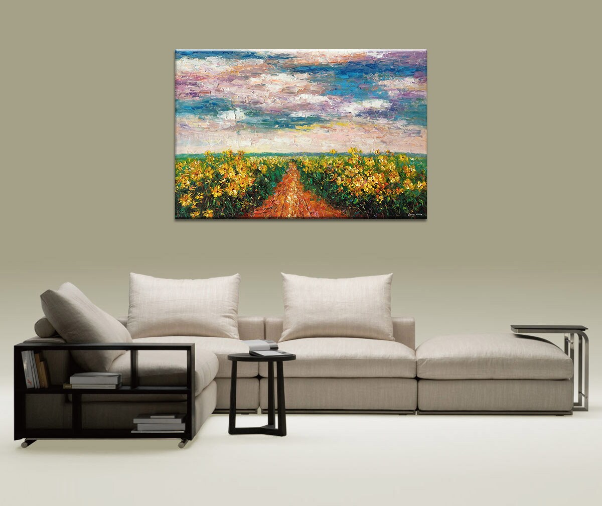 Large Oil Painting, Large Art, Sunflower Field French Landscape Painting, Palette Knife Art, Abstract Canvas Painting, Oil Painting Art