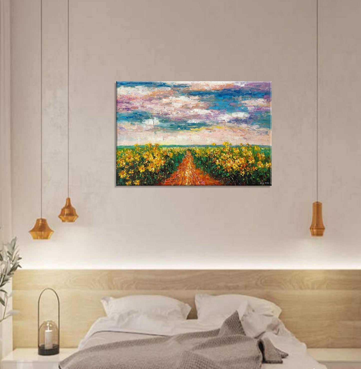 Large Oil Painting, Large Art, Sunflower Field French Landscape Painting, Palette Knife Art, Abstract Canvas Painting, Oil Painting Art