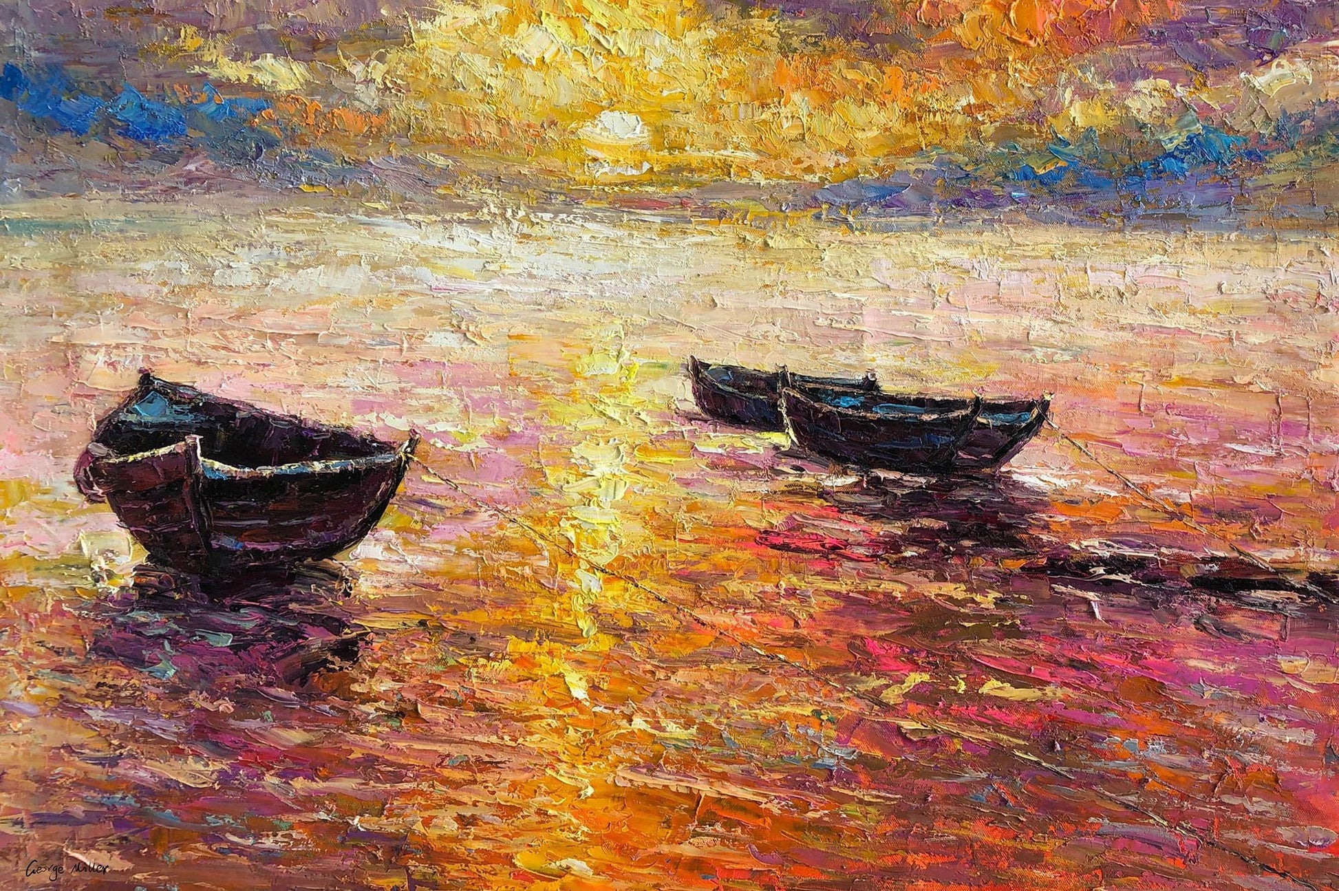 Fishing Boat at Dawn: Large Wall Decor | Original Oil Painting | Seascape Art, Oil Painting Abstract, Living Room Wall Décor