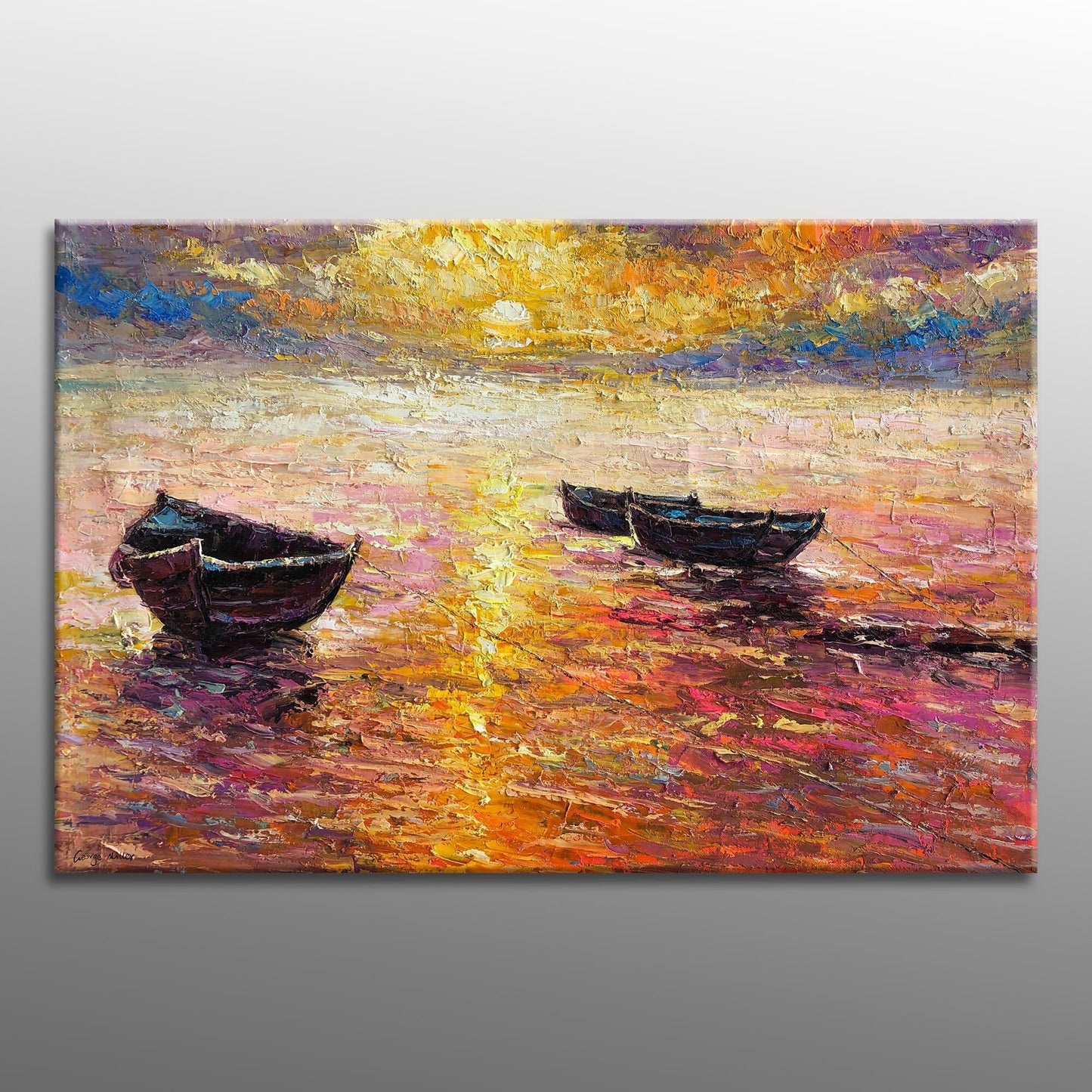 Fishing Boat at Dawn: Large Wall Decor | Original Oil Painting | Seascape Art, Oil Painting Abstract, Living Room Wall Décor