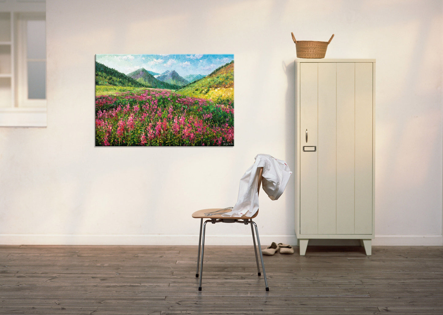 Handmade Contemporary Art: Large Wall Art, 32x48in. Oil on Canvas Painting. Abstract Landscape with Flower Fields and Mountains