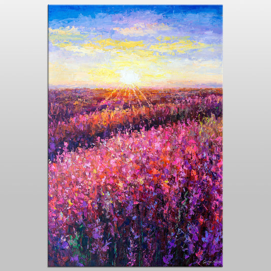 Oil Painting, Spring Filed with Pink Flowers at Dawn, Original Painting, Canvas Art, Contemporary Wall Art, Original Oil Painting Landscape