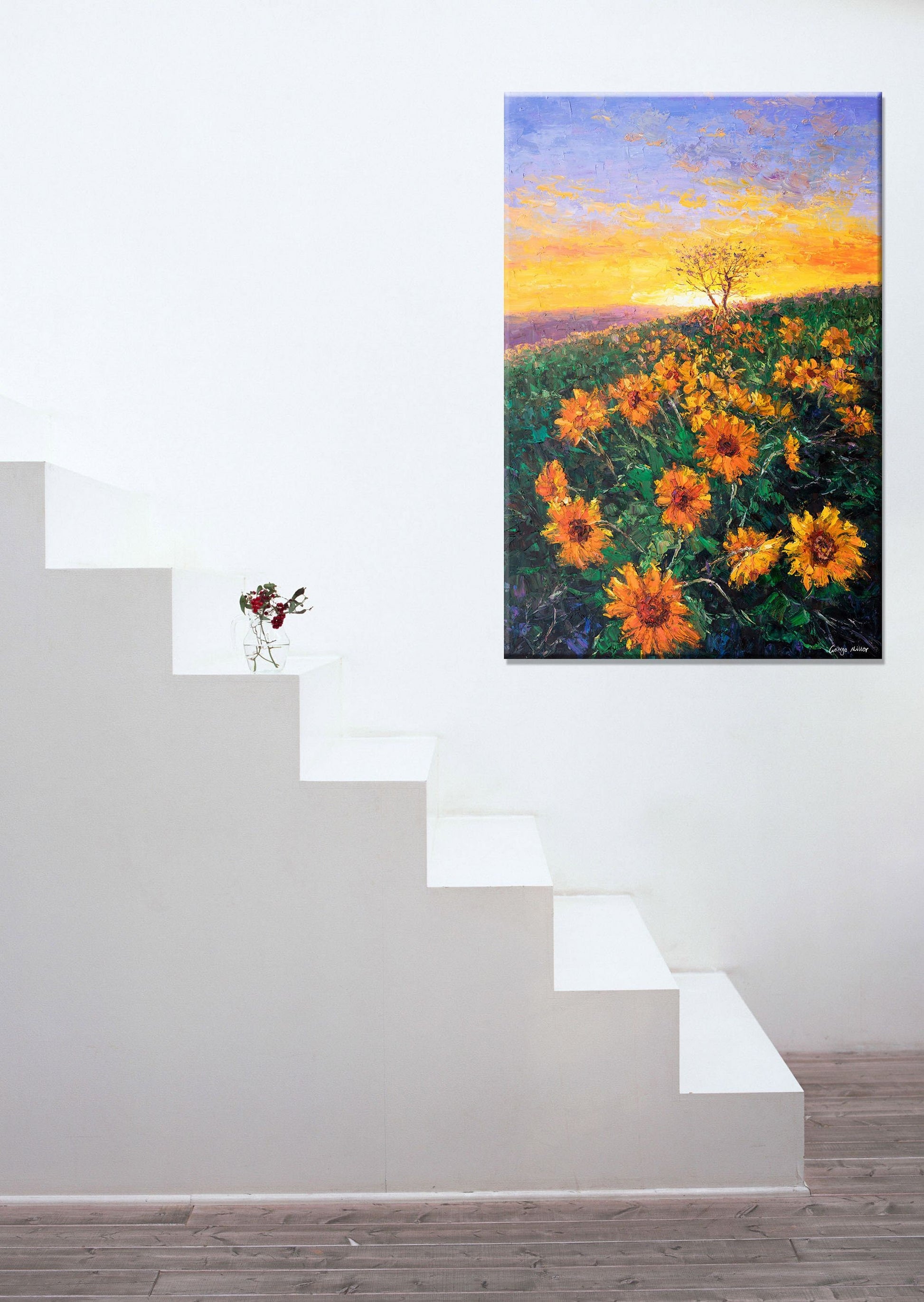 Landscape Painting Sunflowers Fields at Dawn, Wall Hanging, Landscape Wall Art, Modern Painting, Original Oil Painting