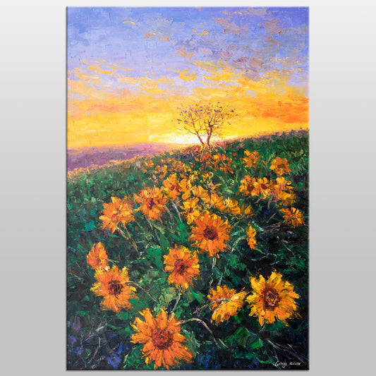 Landscape Painting Sunflowers Fields at Dawn, Wall Hanging, Landscape Wall Art, Modern Painting, Original Oil Painting