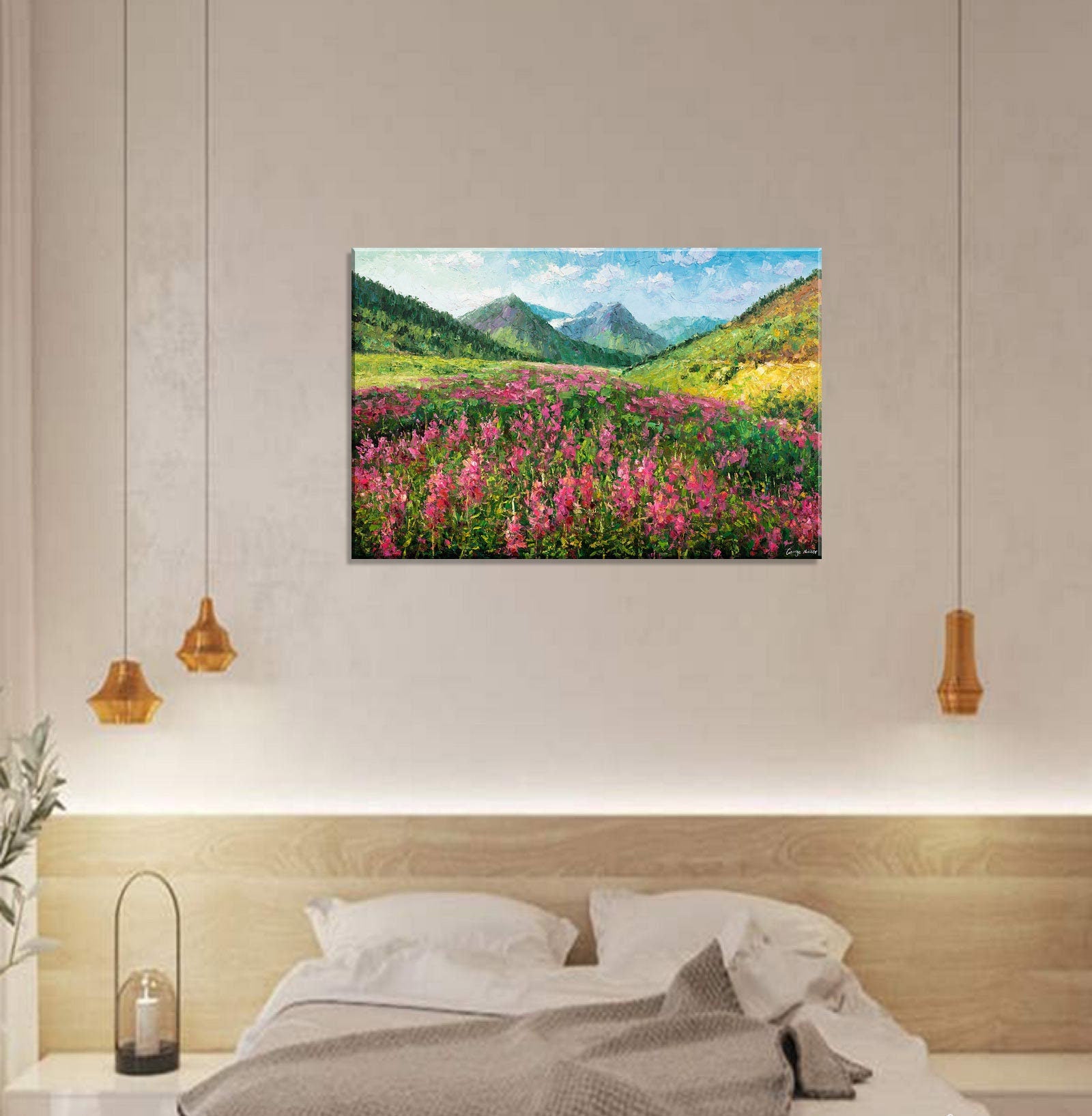 Handmade Contemporary Art: Large Wall Art, 32x48in. Oil on Canvas Painting. Abstract Landscape with Flower Fields and Mountains