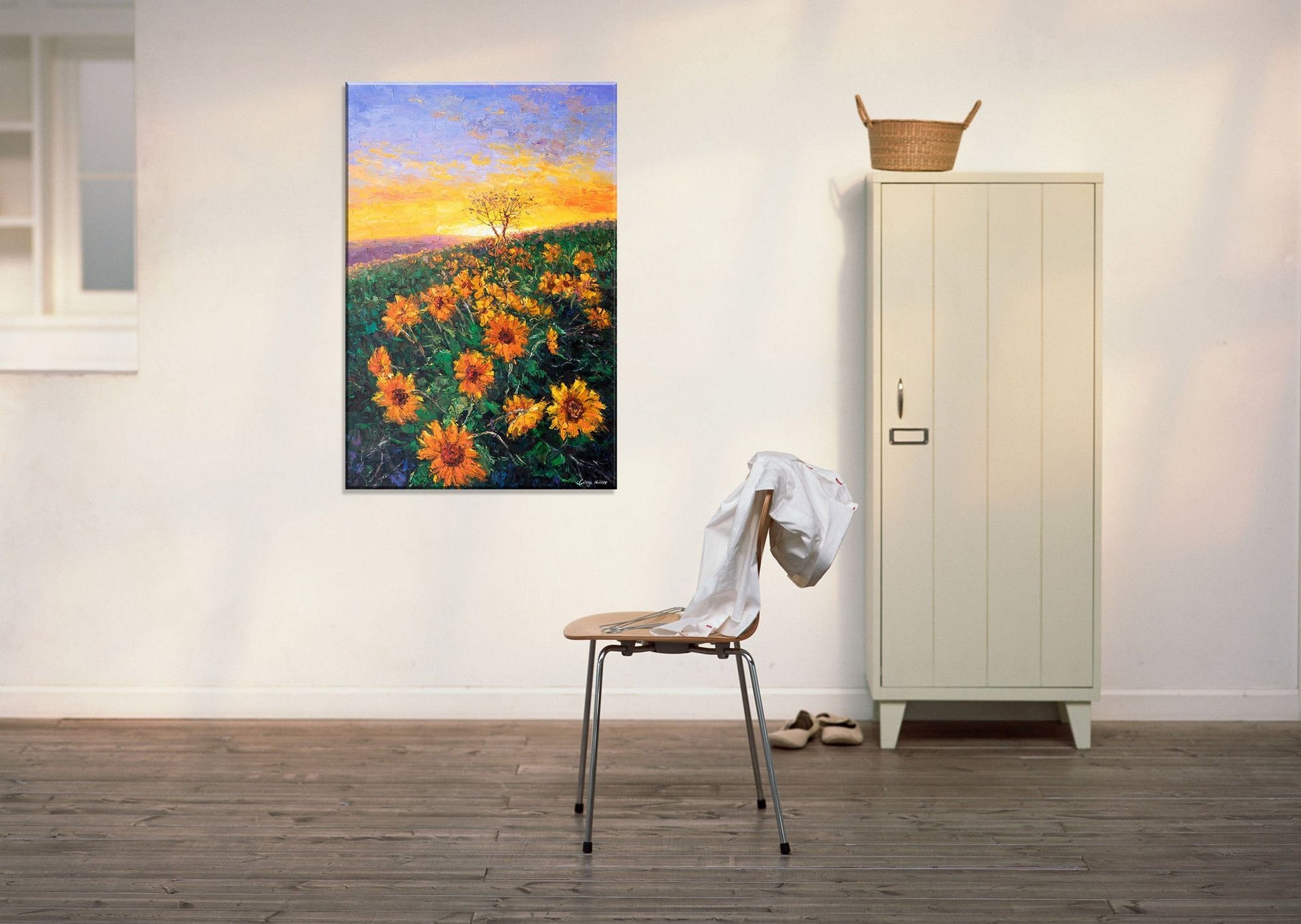 Landscape Painting Sunflowers Fields at Dawn, Wall Hanging, Landscape Wall Art, Modern Painting, Original Oil Painting