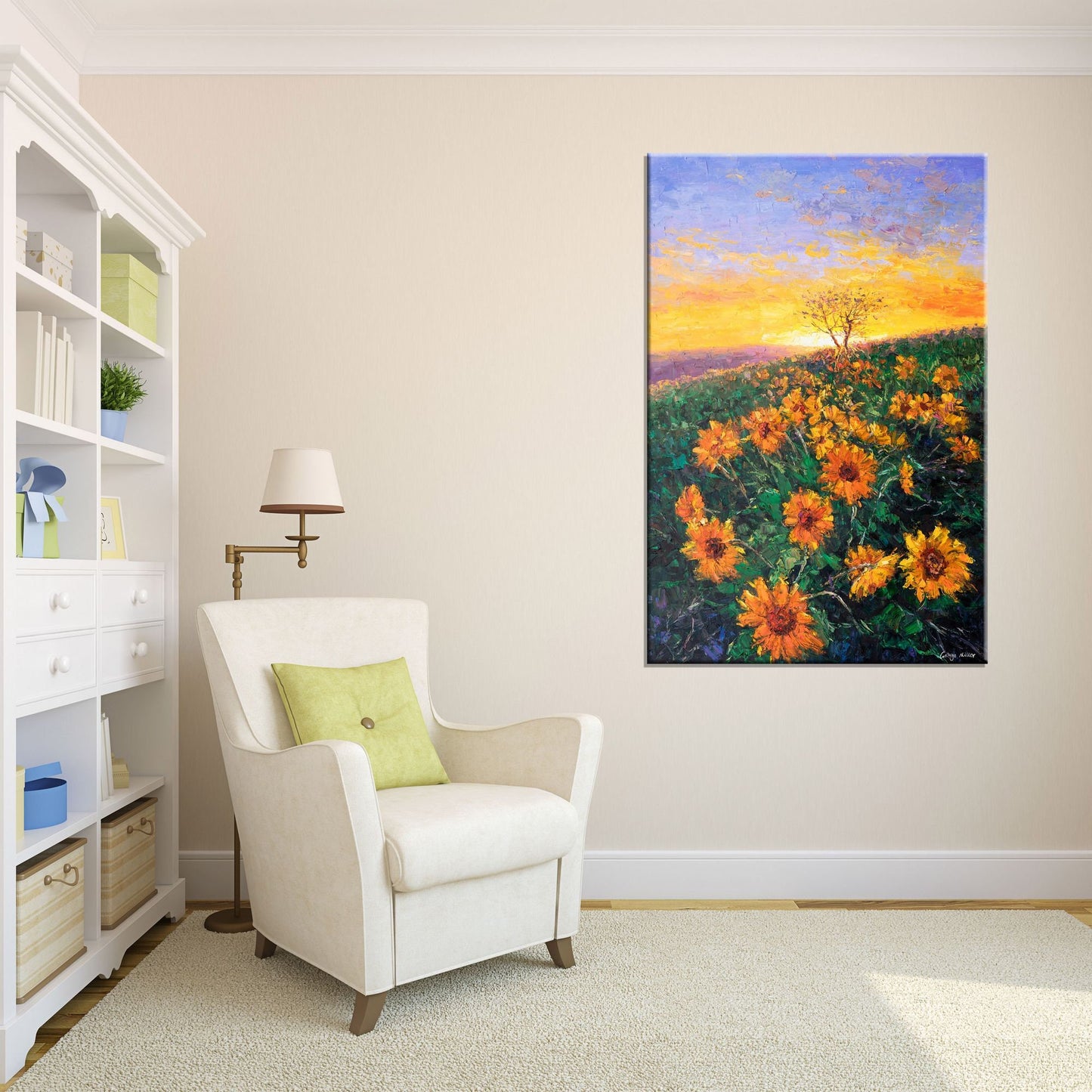 Landscape Painting Sunflowers Fields at Dawn, Wall Hanging, Landscape Wall Art, Modern Painting, Original Oil Painting