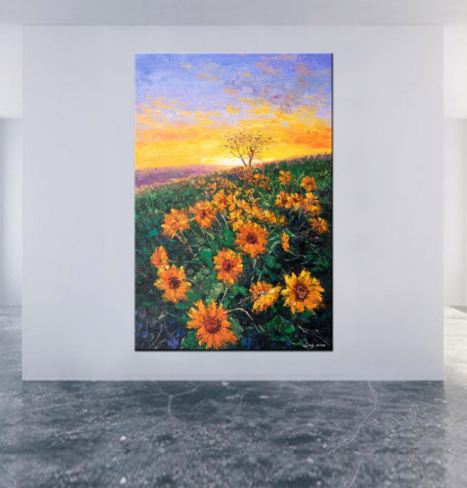 Landscape Painting Sunflowers Fields at Dawn, Wall Hanging, Landscape Wall Art, Modern Painting, Original Oil Painting