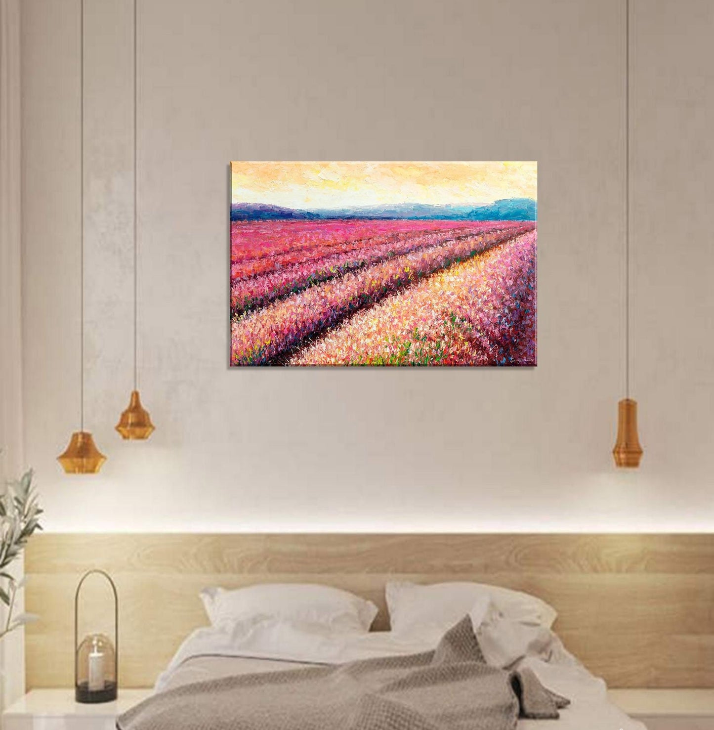 Oil Painting, Italian Tuscany Lavender Field Dawn, Landscape Painting, Palette Knife Art, Oil Painting Abstract, Rustic Living Room Wall Art