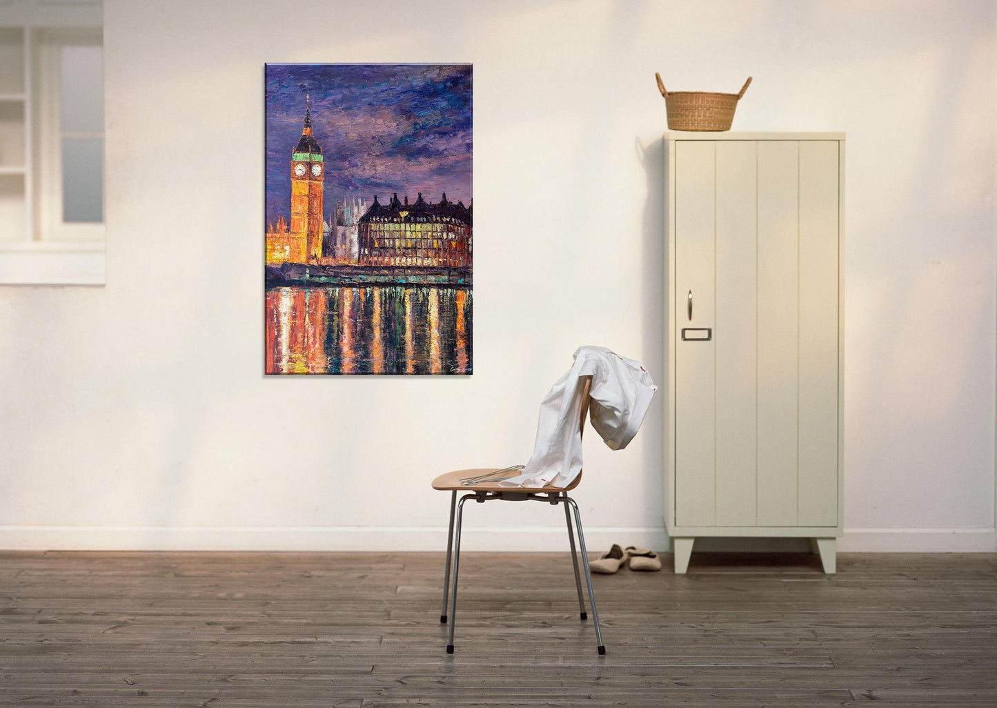 Large Oil Painting Tower of London on the River Thames at Night, Original Abstract Painting, Abstract Landscape Painting, Contemporary Art