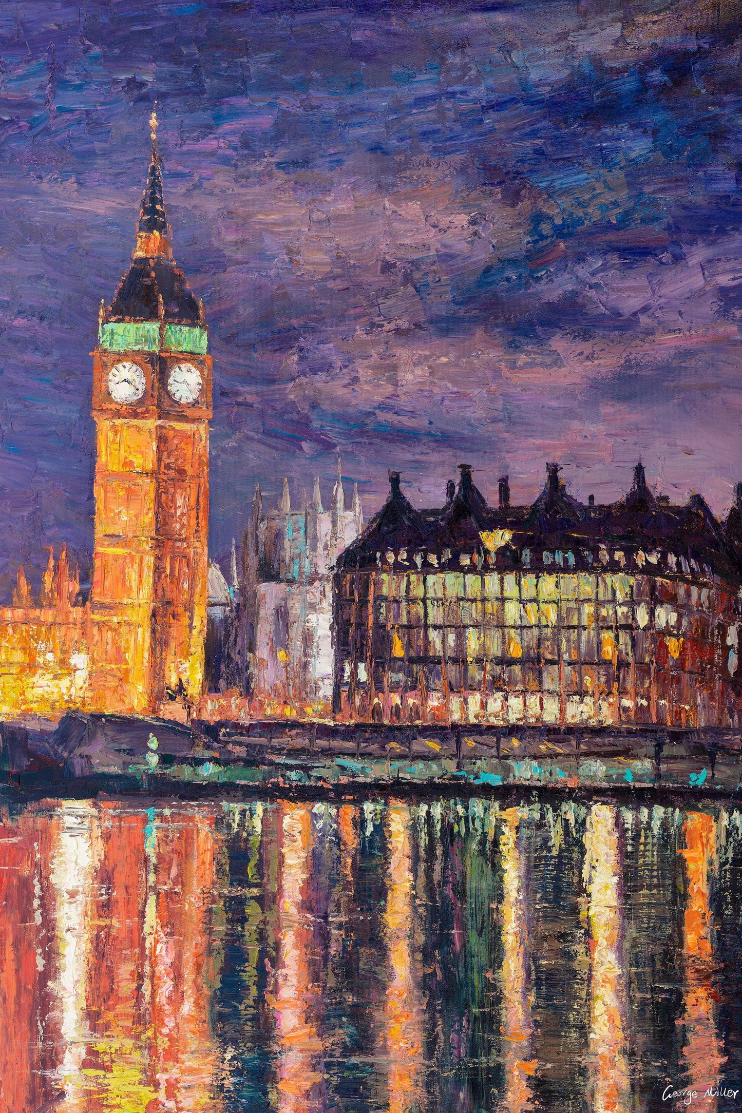 Large Oil Painting Tower of London on the River Thames at Night, Original Abstract Painting, Abstract Landscape Painting, Contemporary Art