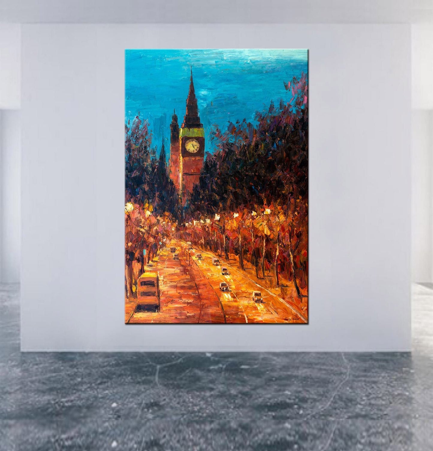 Original Oil Painting London Tower Street at Night, Painting Abstract, Wall Decor, Large Art, Master Bedroom Decor, Palette Knife Modern Art