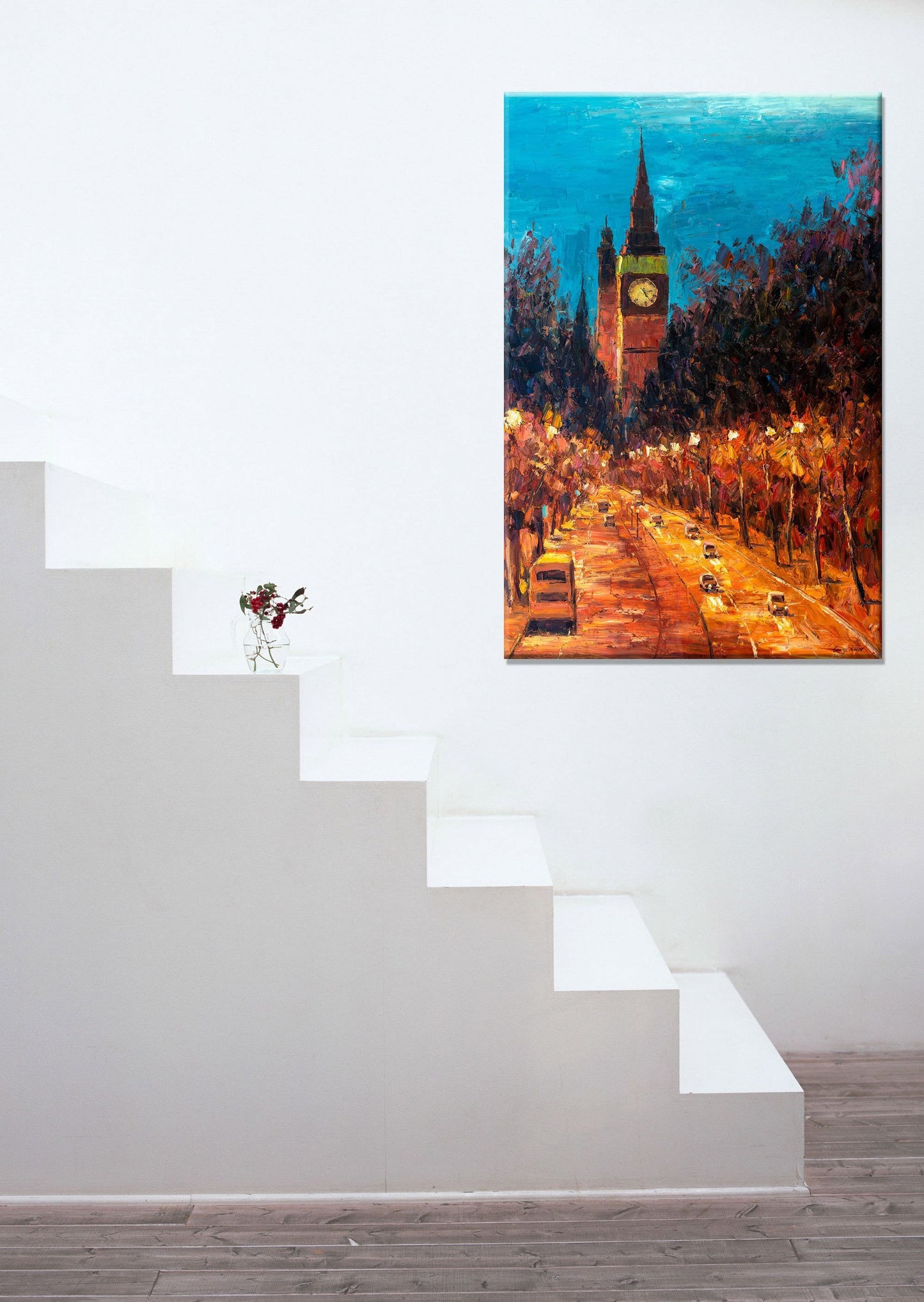 Original Oil Painting London Tower Street at Night, Painting Abstract, Wall Decor, Large Art, Master Bedroom Decor, Palette Knife Modern Art