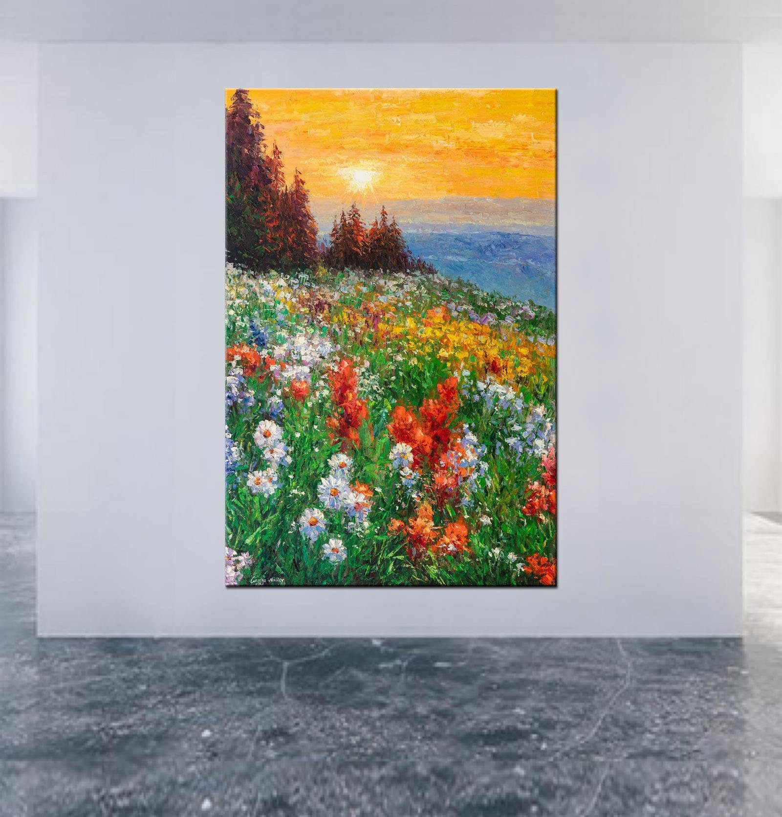 Original Artwork, Large Landscape Painting, Spring Field Wild Flowers, Modern Painting, Oil Painting Abstract, Wall Hanging, Large Painting