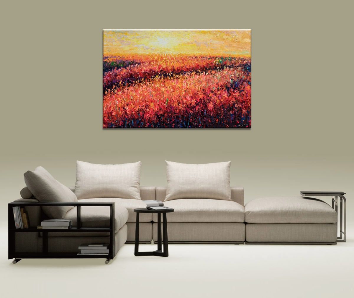 Landscape Oil Painting Red Flower Fields at Dawn, large canvas painting, modern painting, large canvas wall art, abstract oil painting