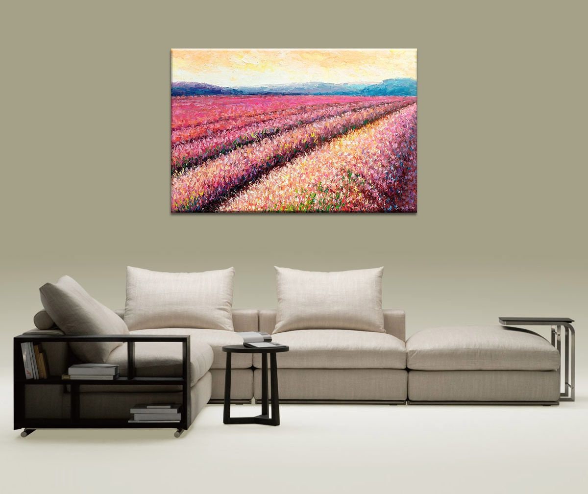 Oil Painting, Italian Tuscany Lavender Field Dawn, Landscape Painting, Palette Knife Art, Oil Painting Abstract, Rustic Living Room Wall Art